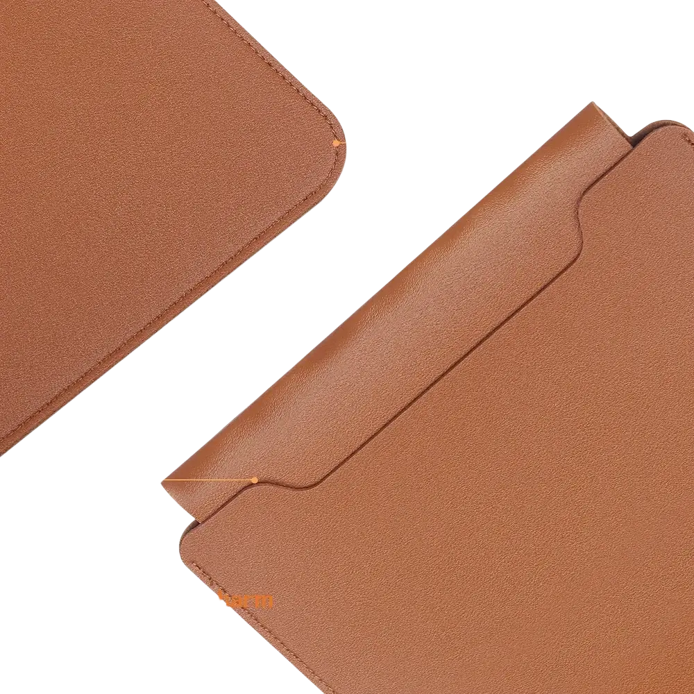 Brown leather laptop sleeve with nylon wire locking edge and non-magnetic clasp for 15 inch laptops with mouse pad
