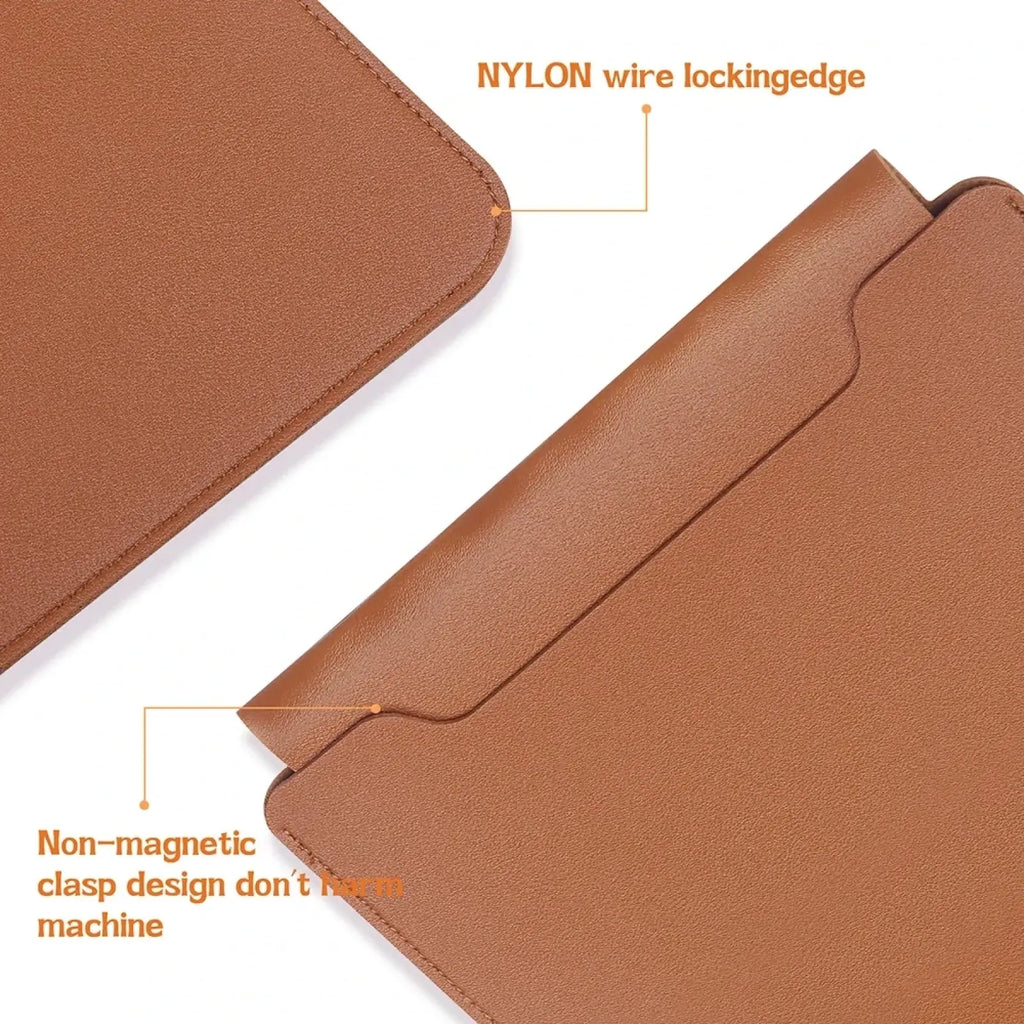 Brown leather laptop sleeve with nylon wire locking edge and non-magnetic clasp for 15 inch laptops with mouse pad