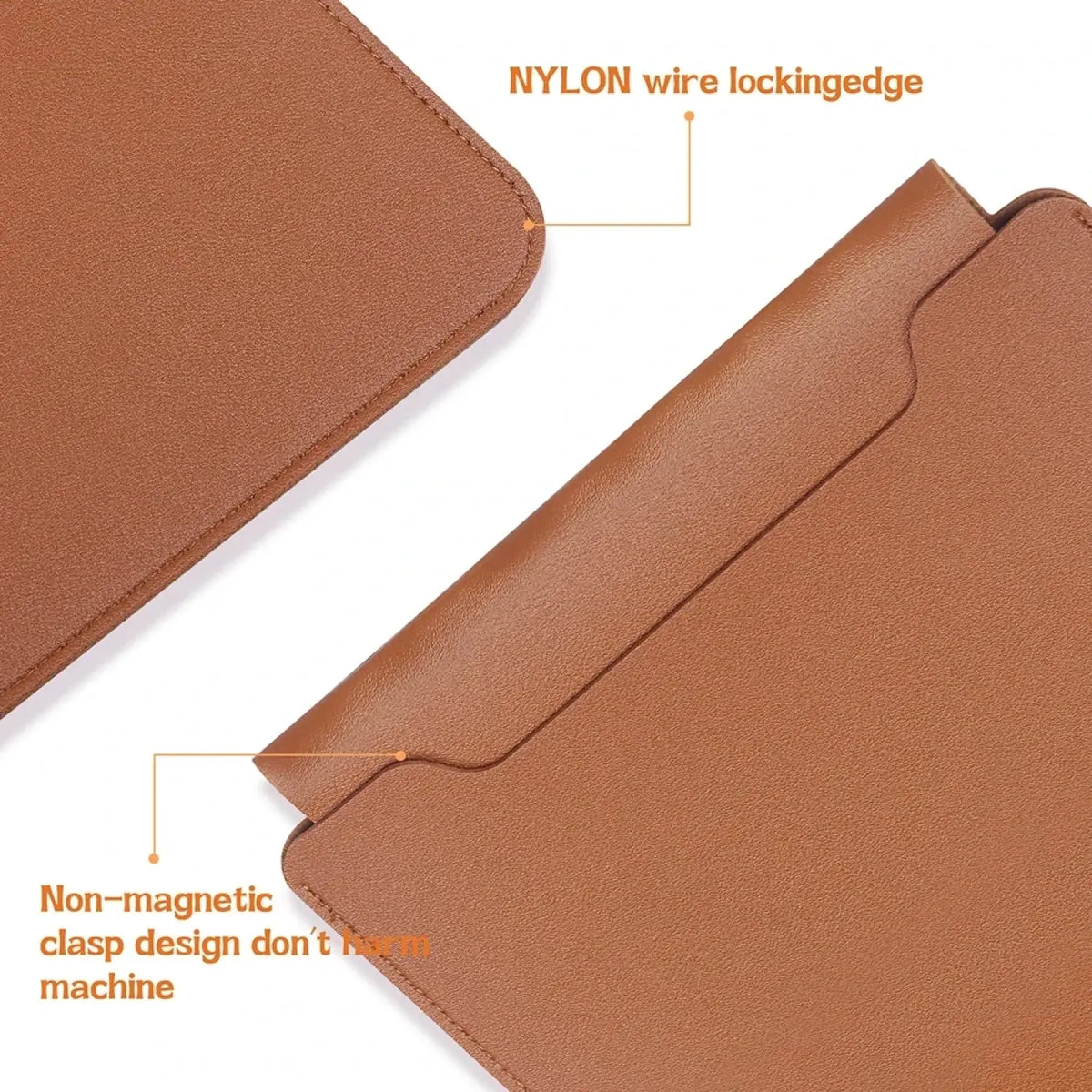 Brown leather laptop sleeve with nylon wire locking edge and non-magnetic clasp for 15 inch laptops with mouse pad