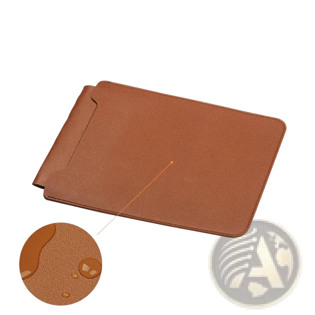 Brown leather laptop sleeve with textured surface and stitched edges designed for 15 inch laptops with mouse pad
