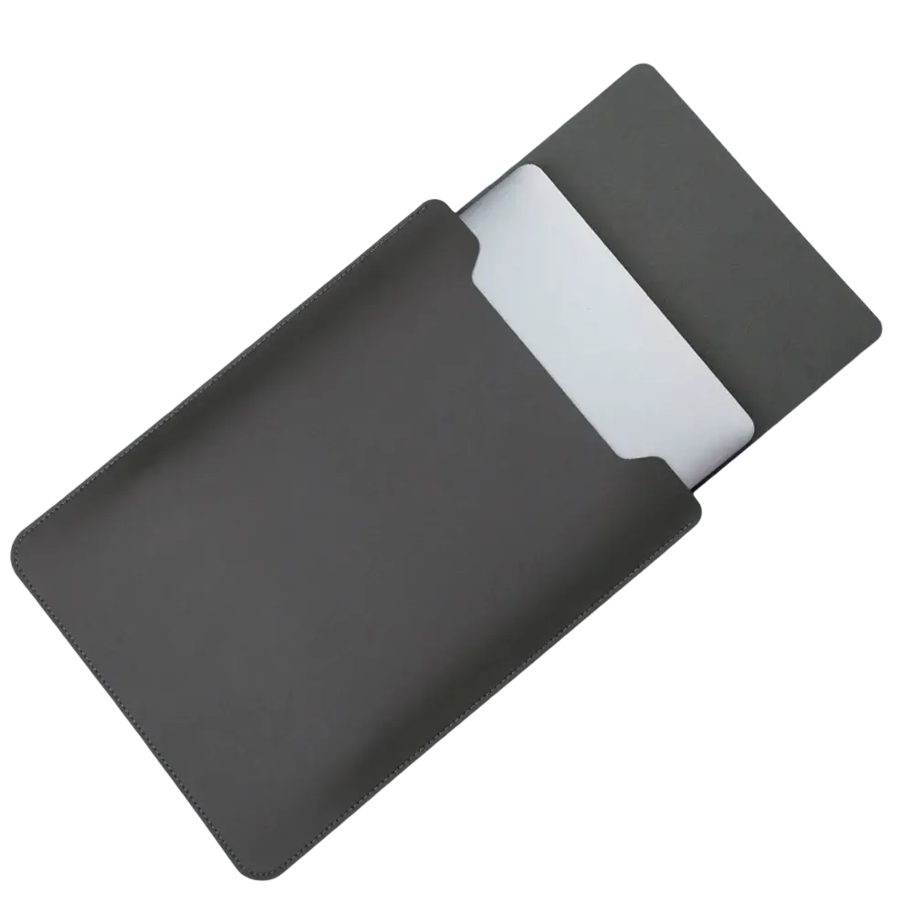 Dark grey leather laptop sleeve with smooth matte finish and stitched edges for 15 inch laptops and mouse pad use