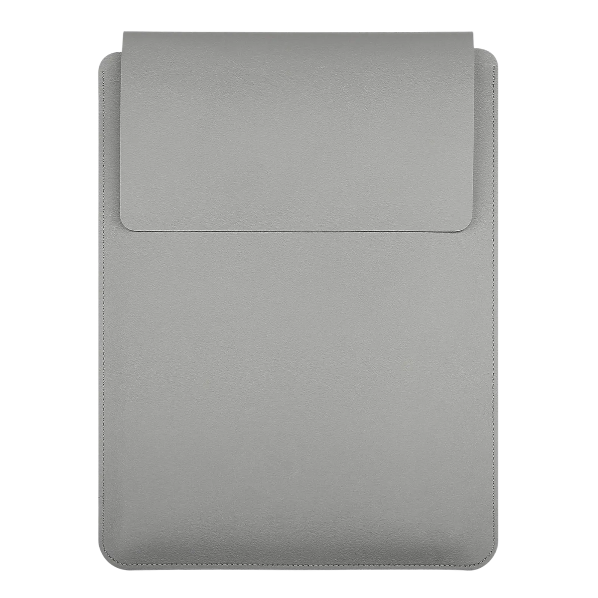 Gray leather laptop sleeve with flap closure designed for 15 inch laptops includes a matching mouse pad