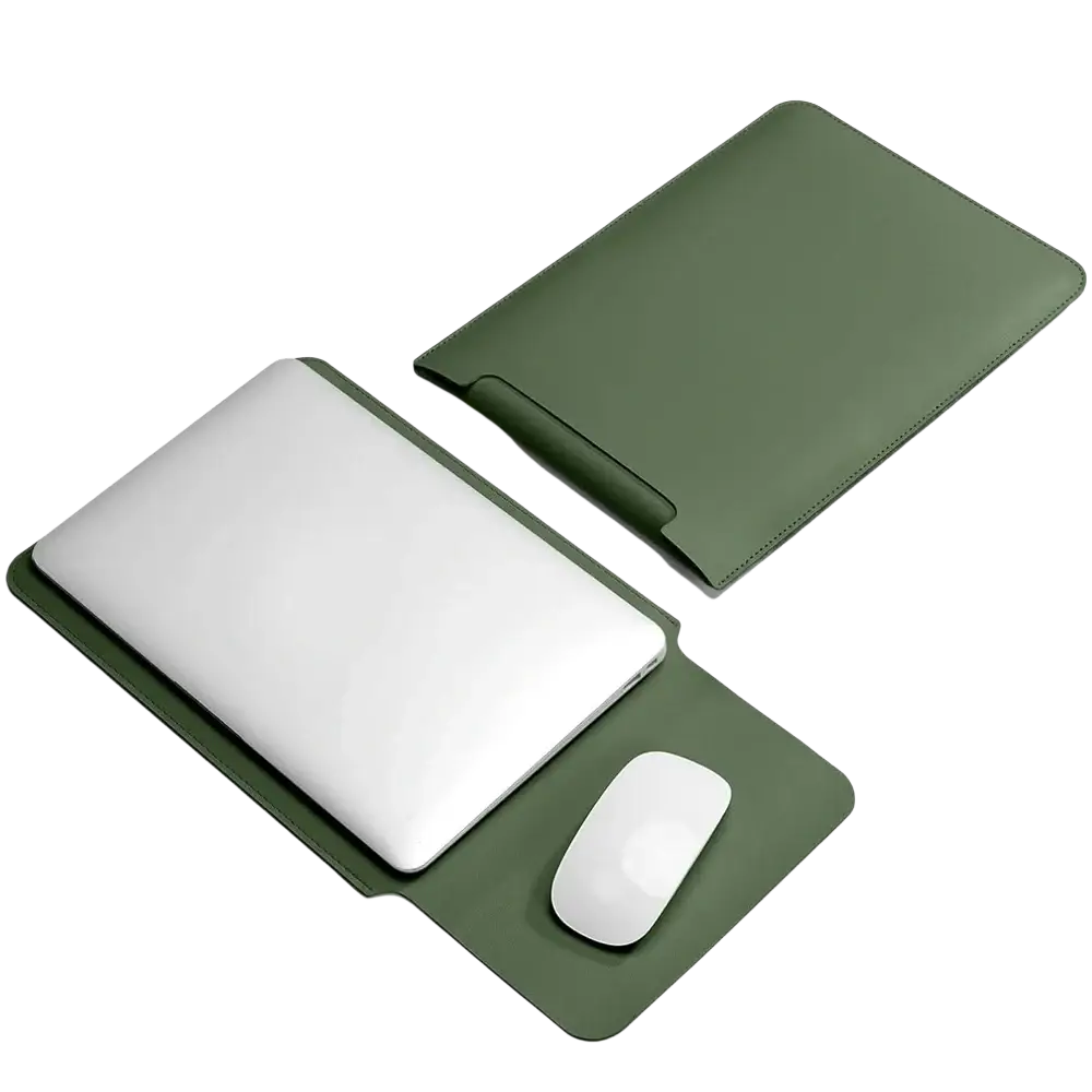 Olive green leather laptop sleeve with integrated mouse pad designed for 15 inch laptops