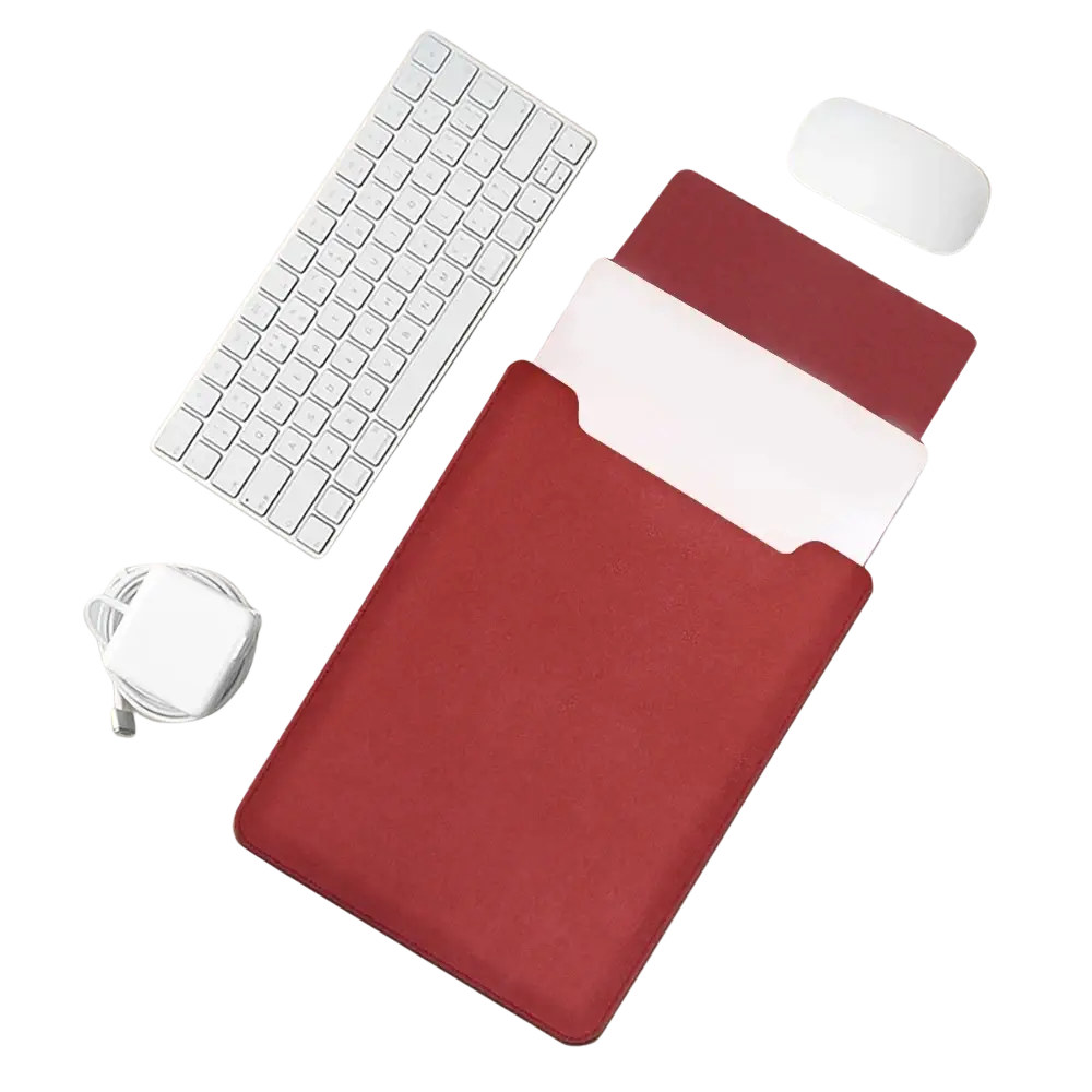 Leather laptop sleeve with mouse pad 15 inch in red leather with white interior lining for device protection
