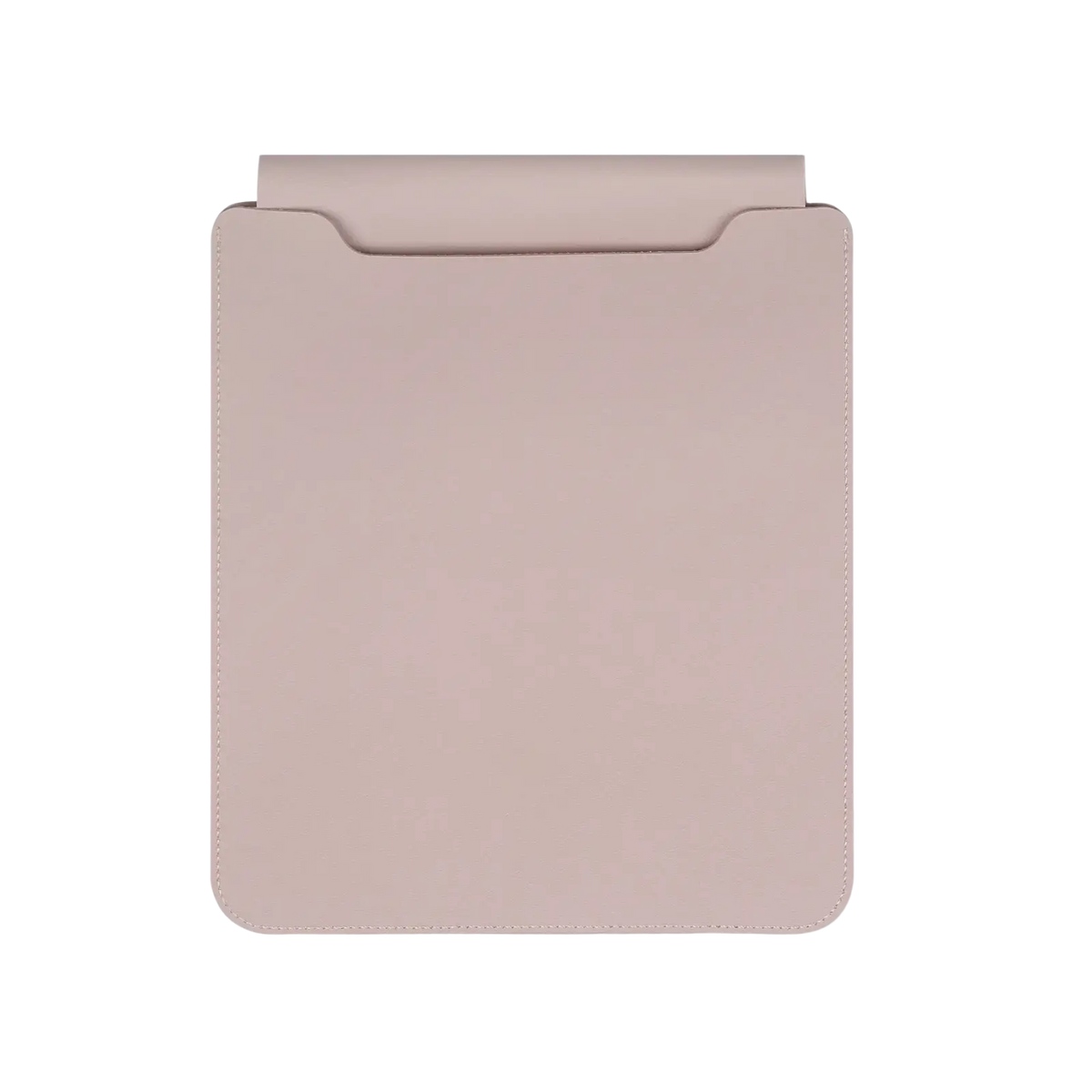 A sleek blush pink leather laptop sleeve with minimalist design and precise stitching for 15 inch laptops