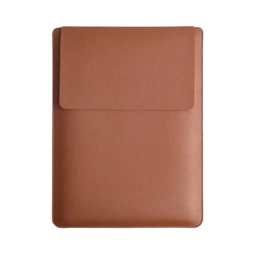 Tan leather laptop sleeve with flap closure and neat stitching designed for 15 inch laptops with mouse pad included