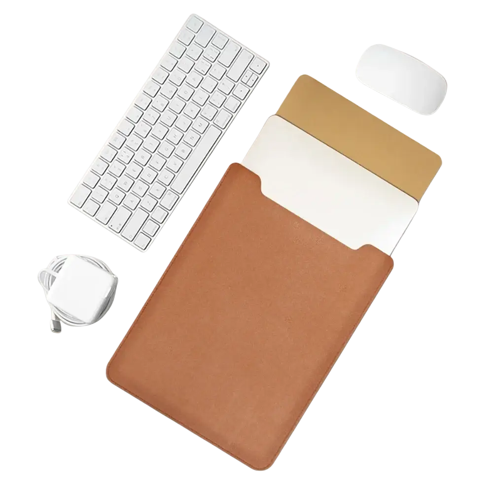 Tan leather laptop sleeve with soft interior lining and minimalist design for 15 inch laptops with mouse pad