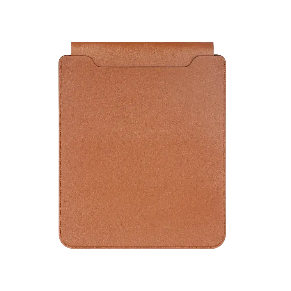 Leather laptop sleeve with mouse pad 15 inch in tan leather featuring minimalist design and precise stitching