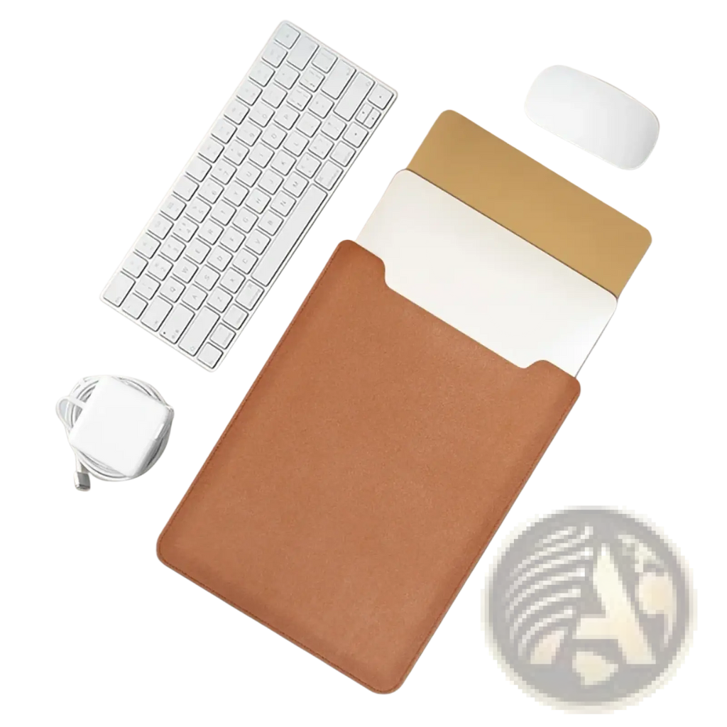 Tan leather laptop sleeve with soft interior lining and minimalist design for 15 inch laptops with mouse pad