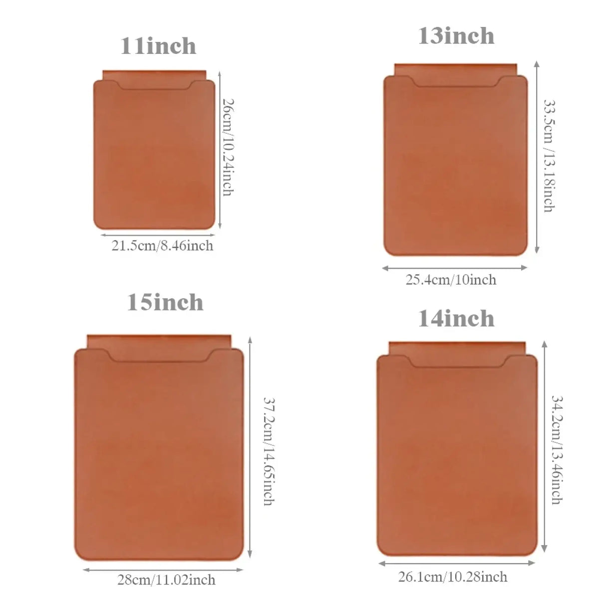 Tan leather laptop sleeve with rounded corners and flap closure designed for 15 inch devices with mouse pad