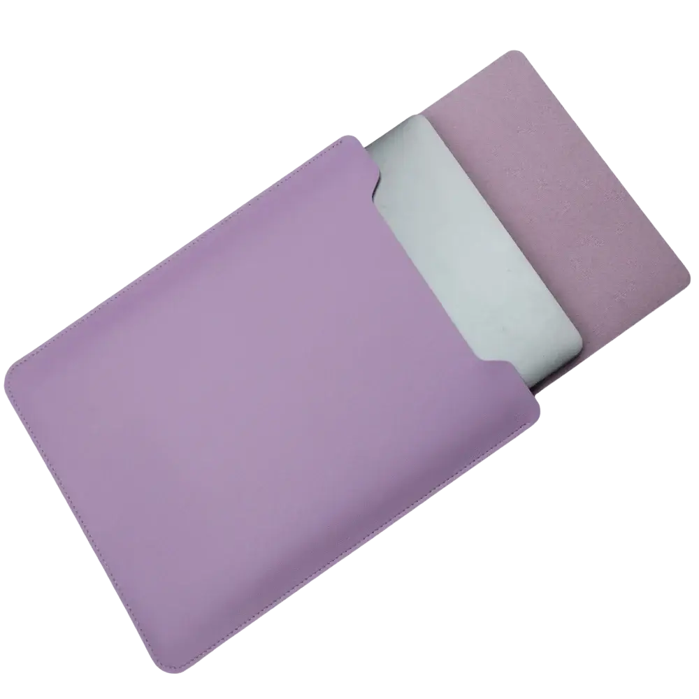 Leather laptop sleeve with mouse pad 15 inch in violet purple leather with smooth matte finish and subtle edge stitching