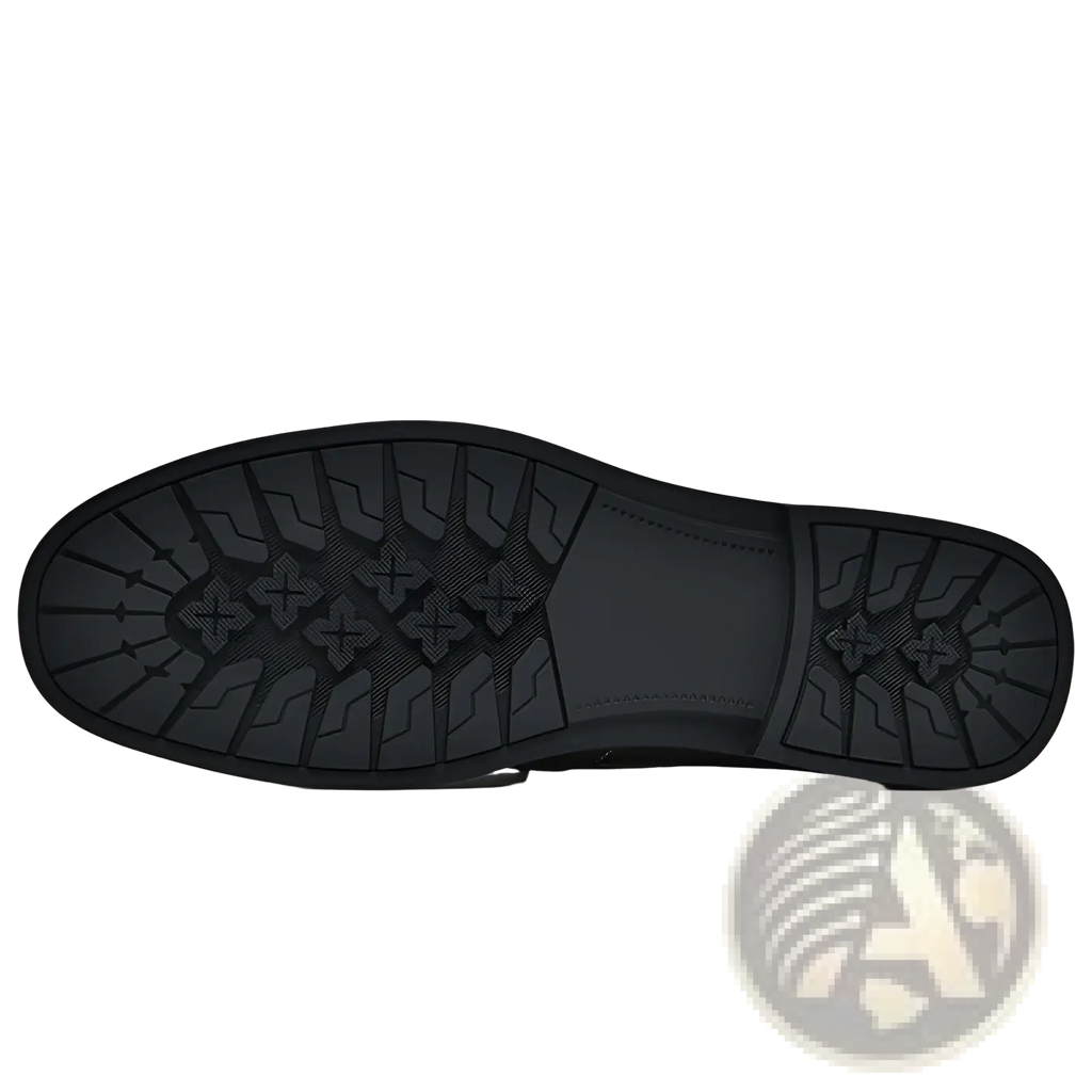Black rubber sole of leather loafers breathable hollow business shoes with textured cross and angular tread pattern