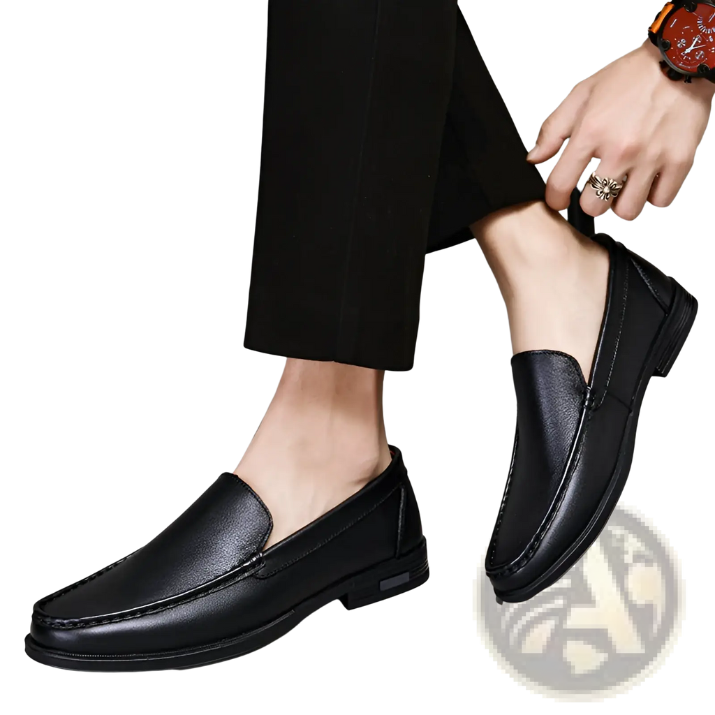 Black leather loafers breathable hollow business shoes with sleek minimalist design and subtle stitching details