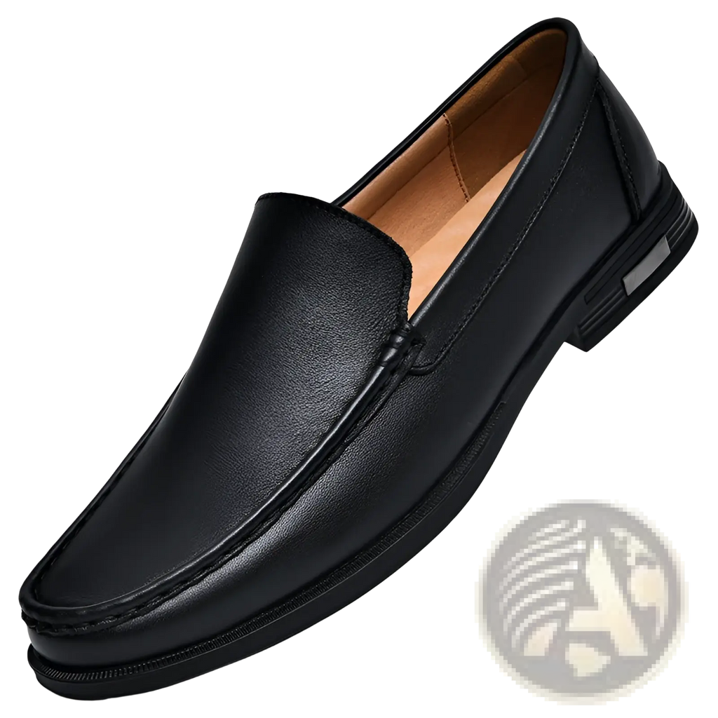 Black leather breathable hollow business loafer with smooth finish and stitched detailing slip-on design