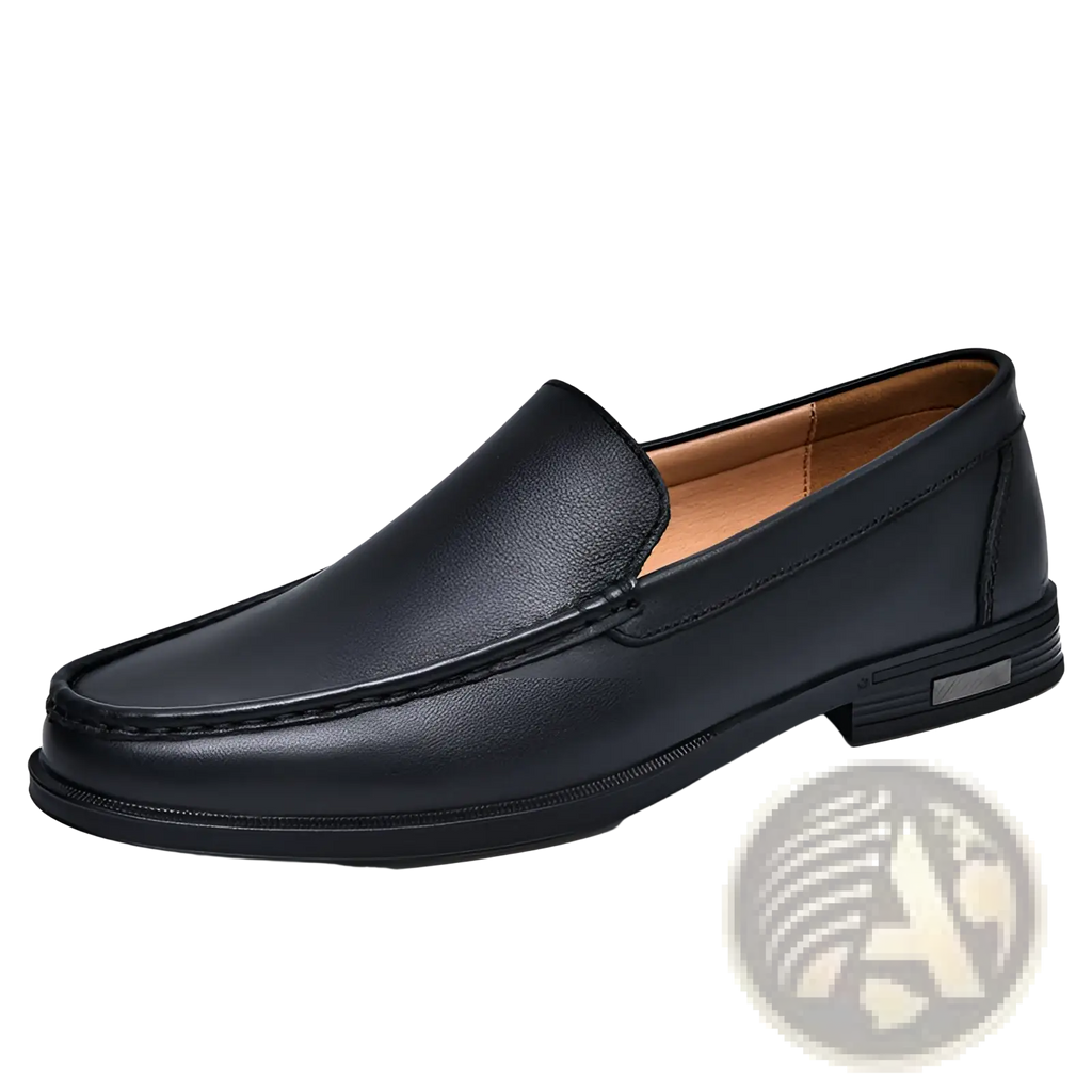 Black leather slip-on loafer with smooth finish and tan interior lining breathable hollow business shoe