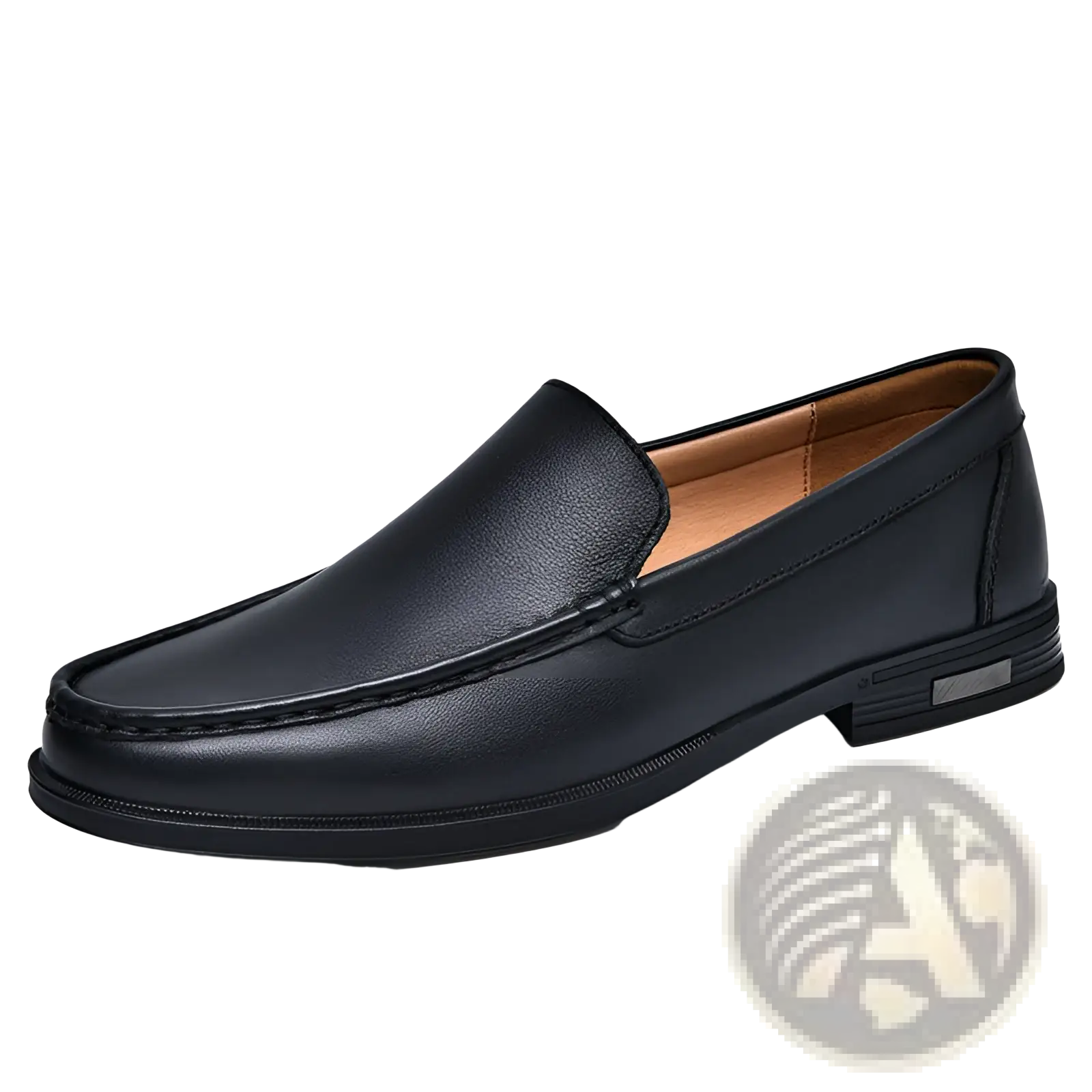 Black leather slip-on loafer with smooth finish and tan interior lining breathable hollow business shoe