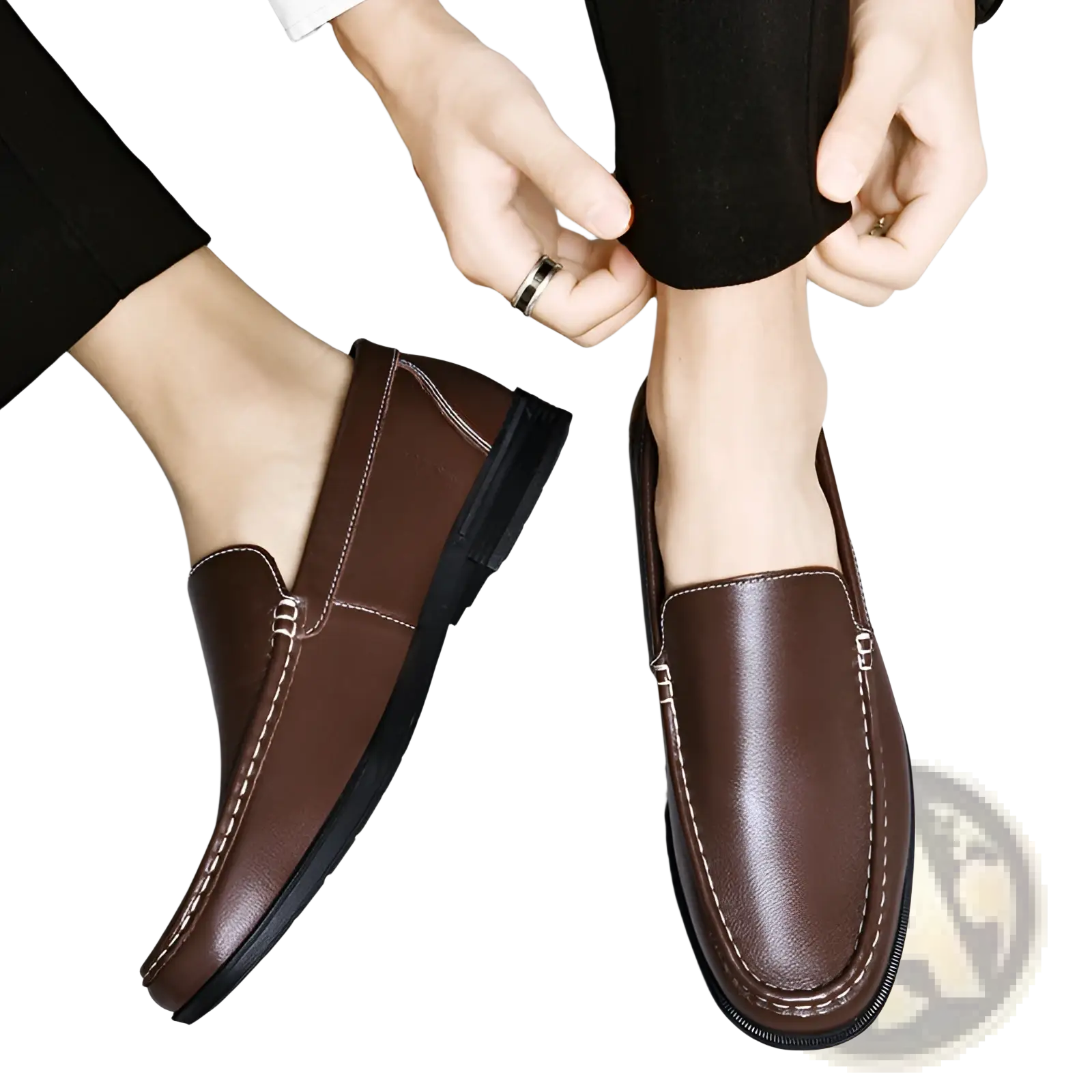 Brown leather breathable hollow business loafers with black soles and contrasting white stitching for formal use