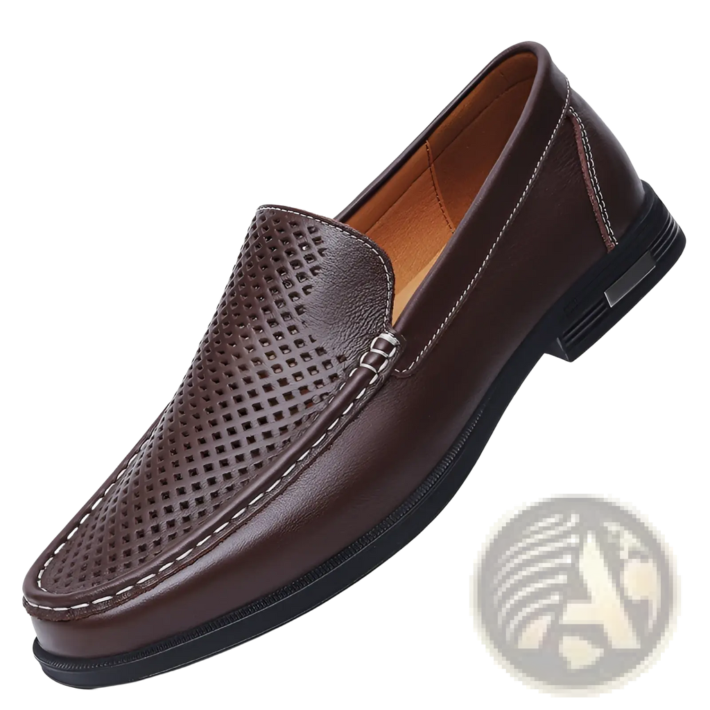 Brown leather breathable slip-on loafers with perforated toe and white stitching for business use