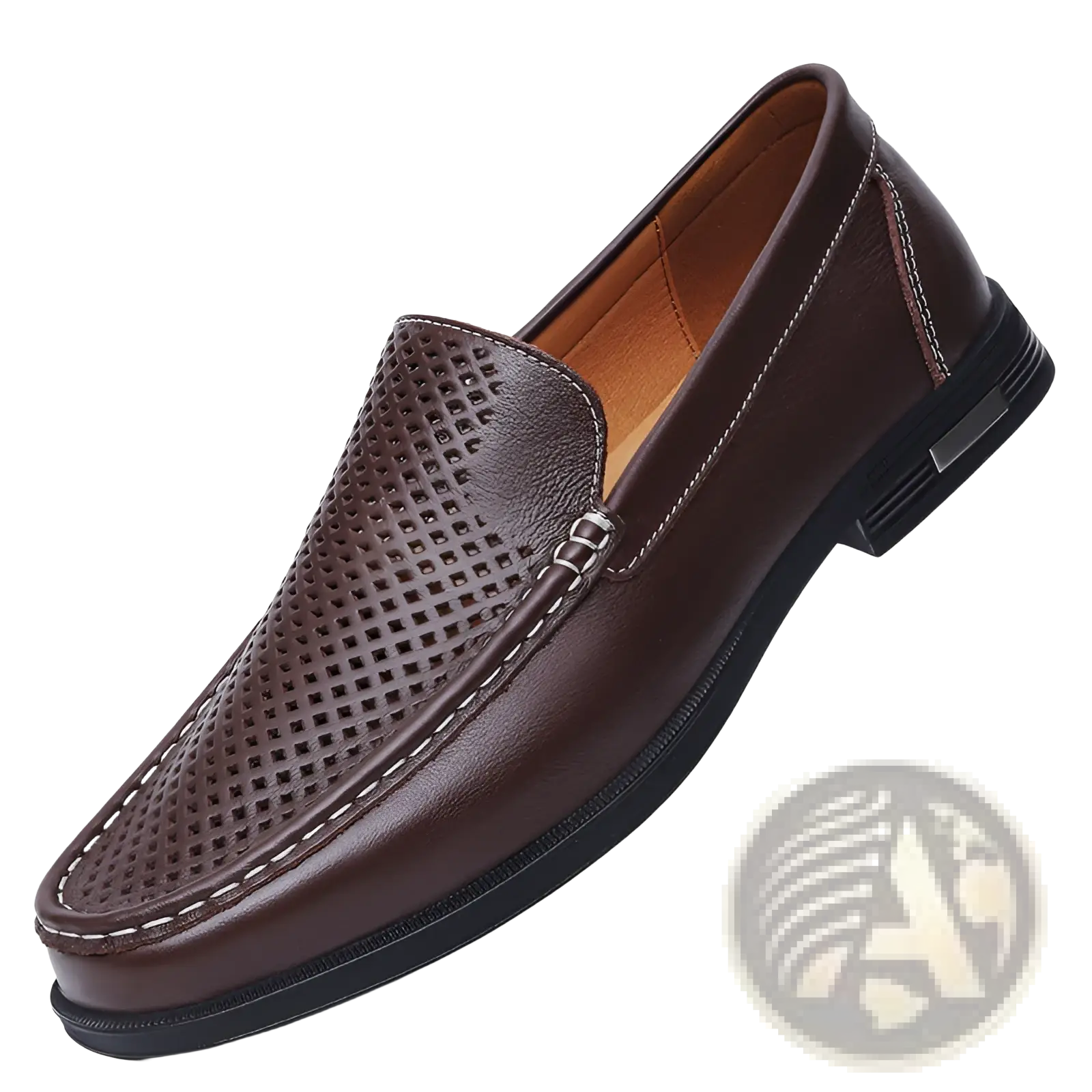 Brown leather breathable slip-on loafers with perforated toe and white stitching for business use