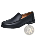 Black leather breathable hollow business slip-on loafer with smooth finish and tan interior lining