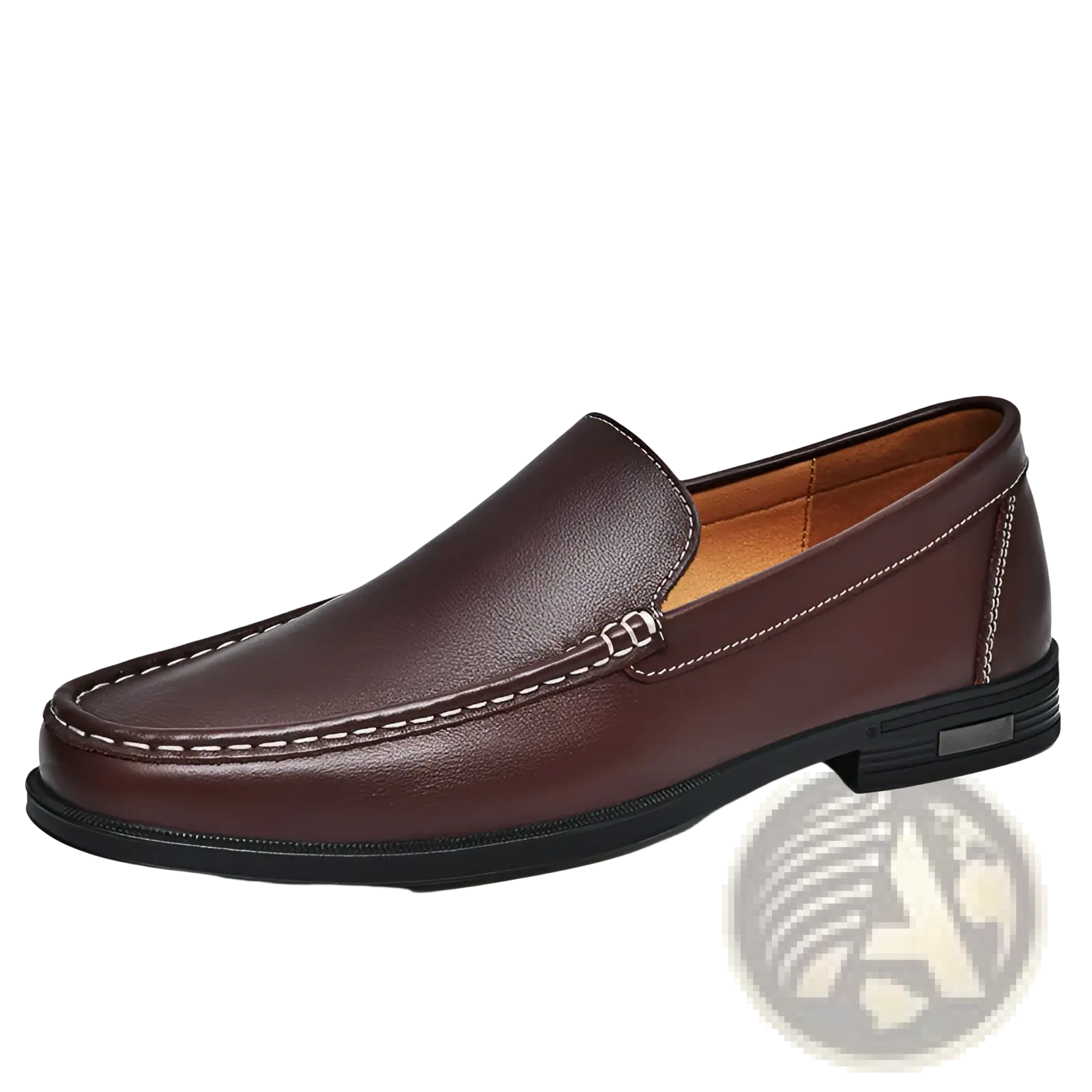 Brown leather slip-on breathable hollow business loafer with white stitching and black rubber sole