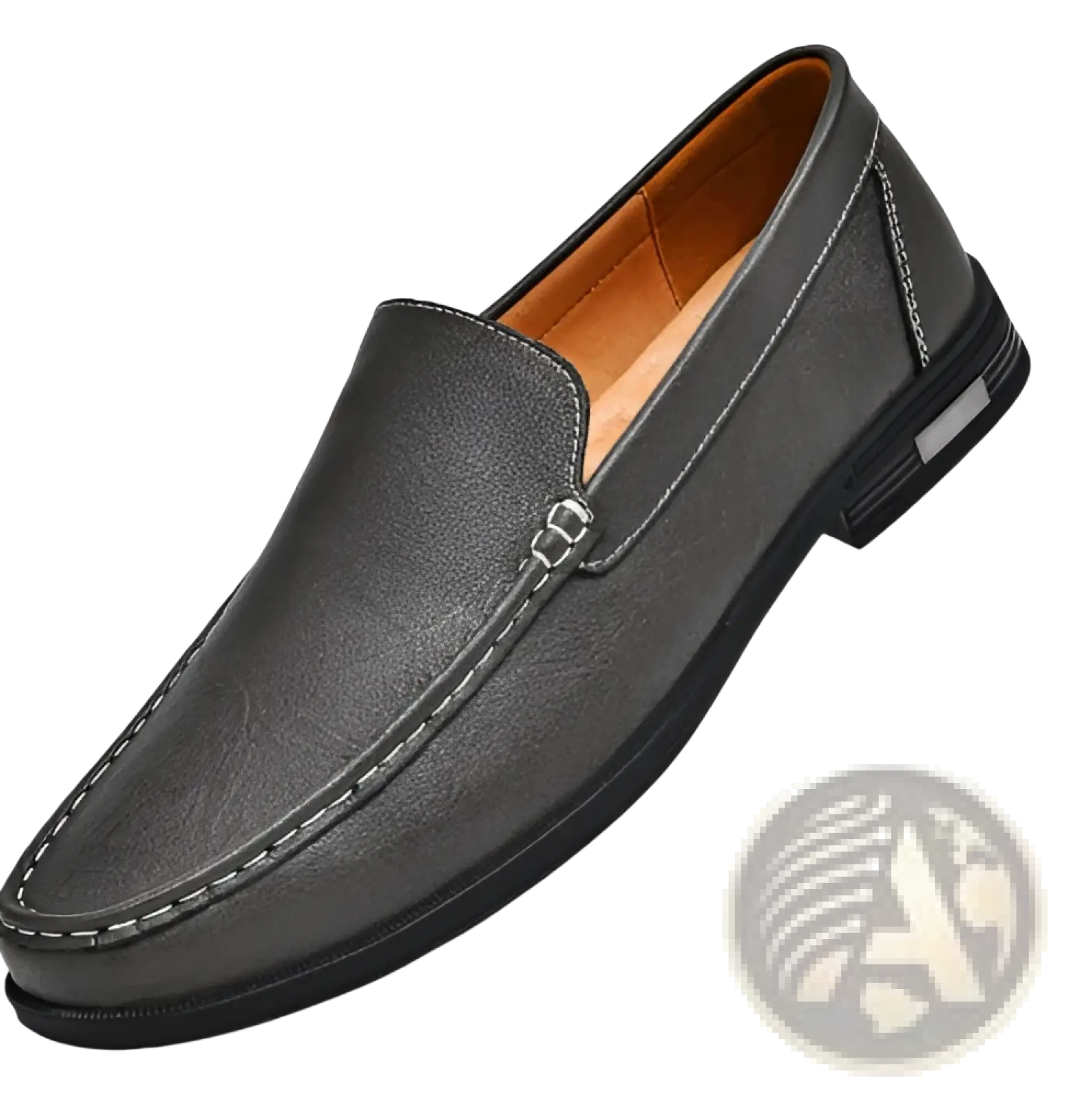 Dark gray leather breathable slip-on loafers with contrasting white stitching and a black rubber sole for business use