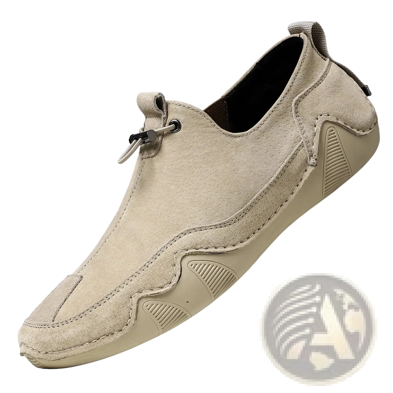 Beige leather loafers breathable suede slip-on casual shoes with textured rubber sole and subtle stitching details