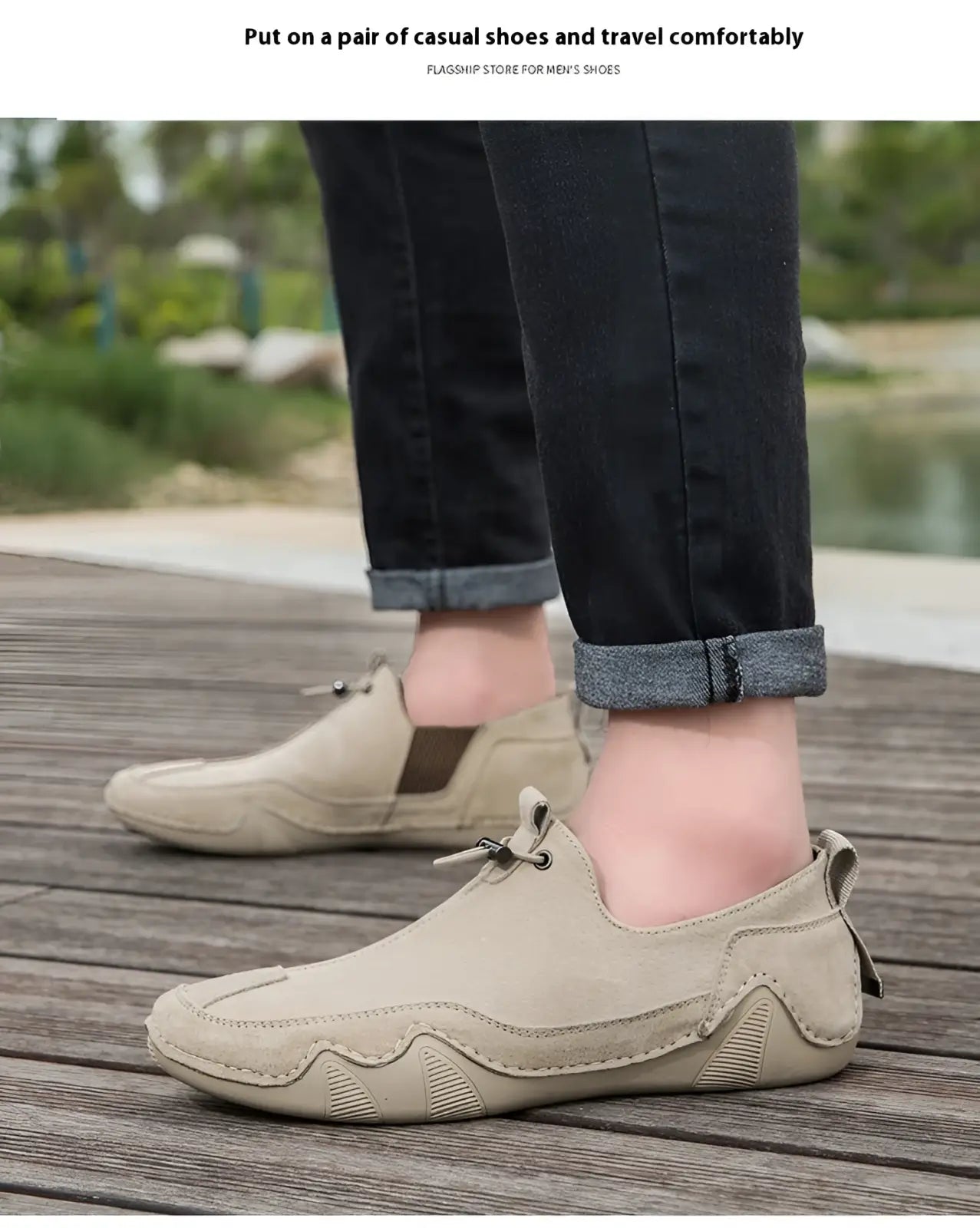 Beige leather loafers with breathable suede slip-on design and textured rubber sole featuring side zipper detail