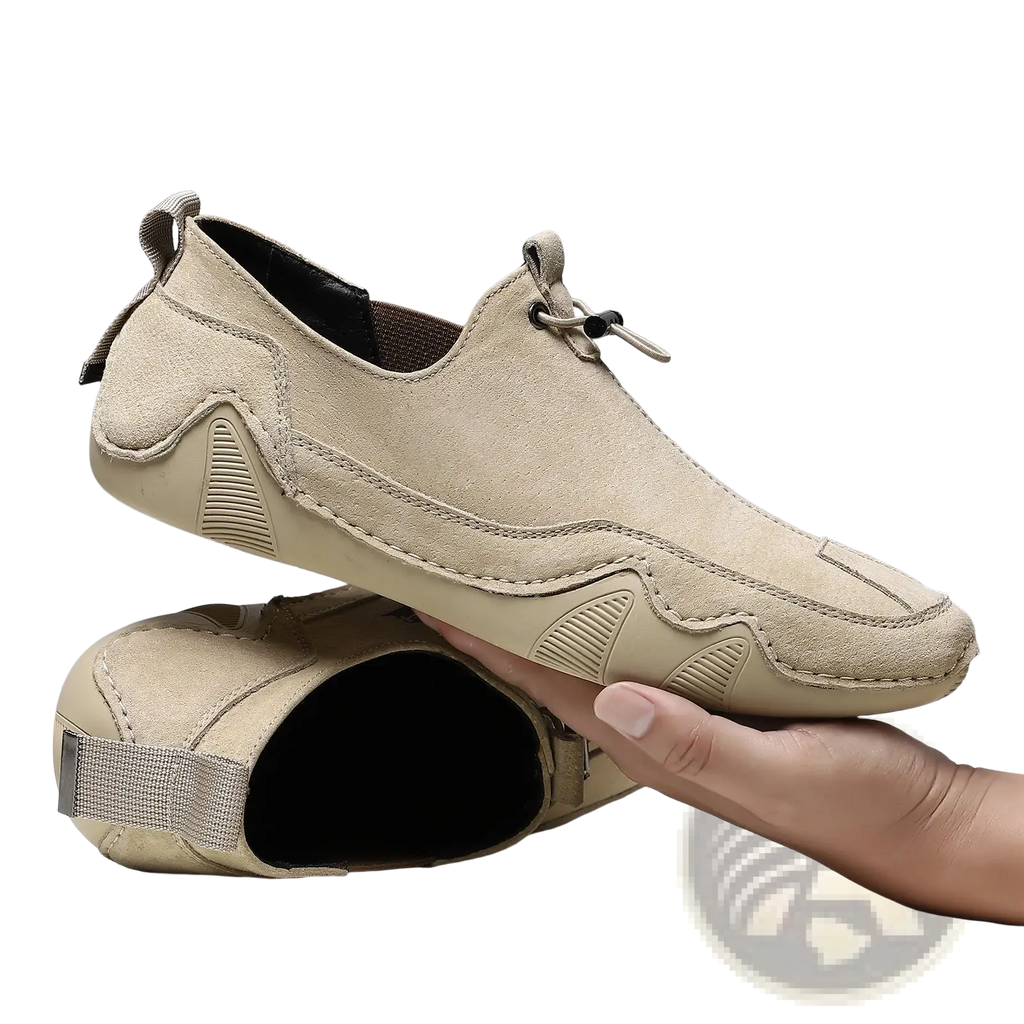 Beige leather loafers breathable suede slip on casual shoes with black laces and textured wave pattern on the side