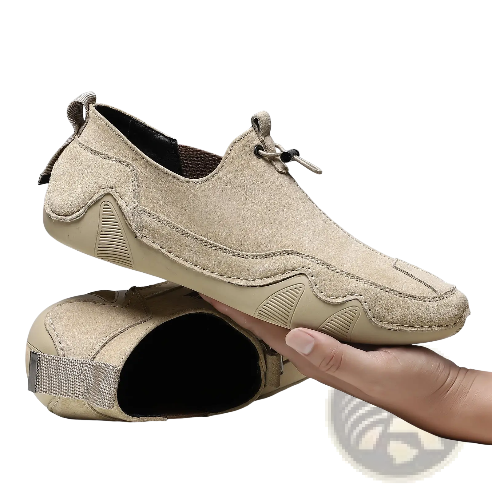 Beige leather loafers breathable suede slip on casual shoes with black laces and textured wave pattern on the side