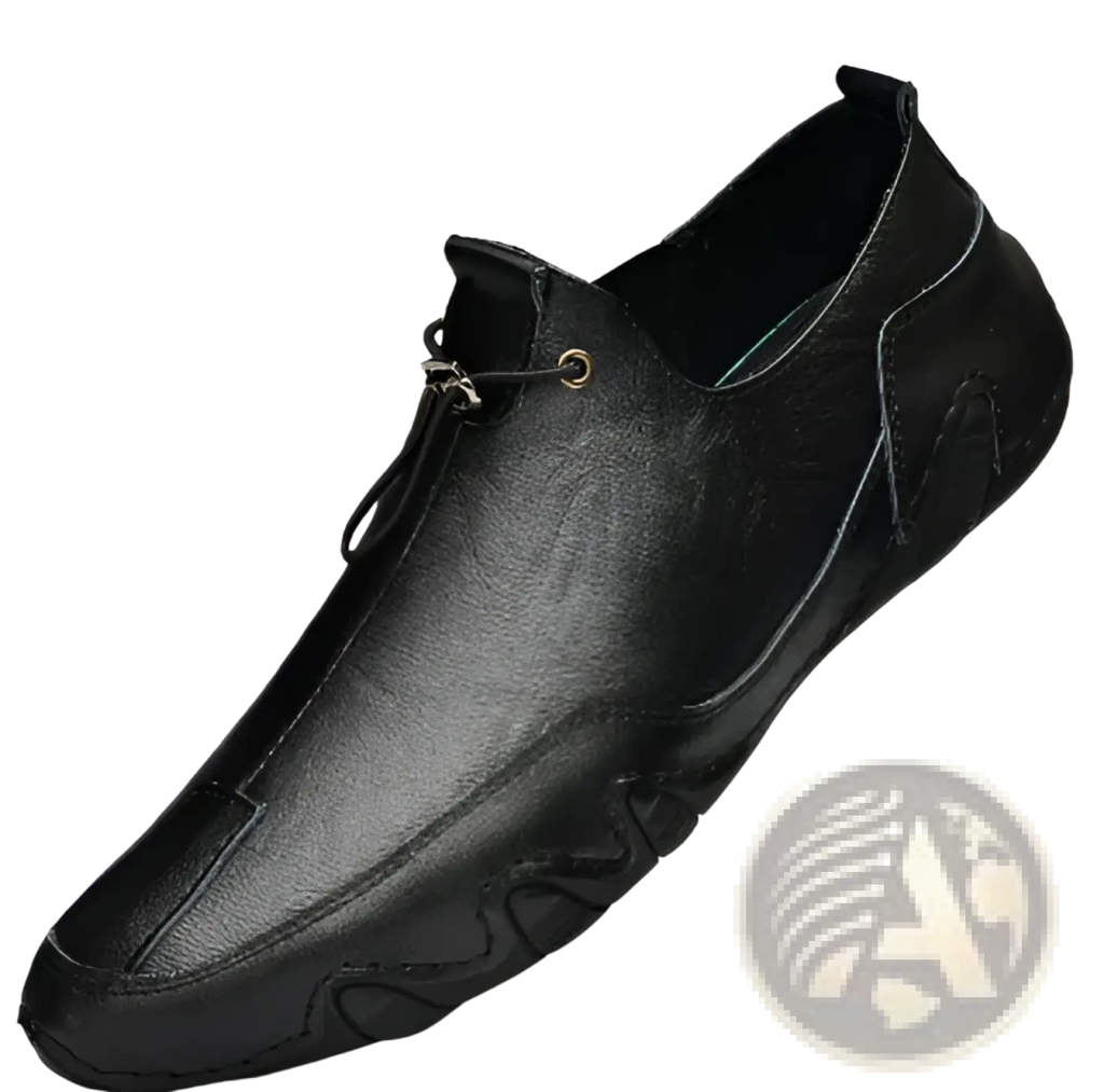 Black leather loafers with breathable suede slip on design featuring sleek modern style and subtle stitching details