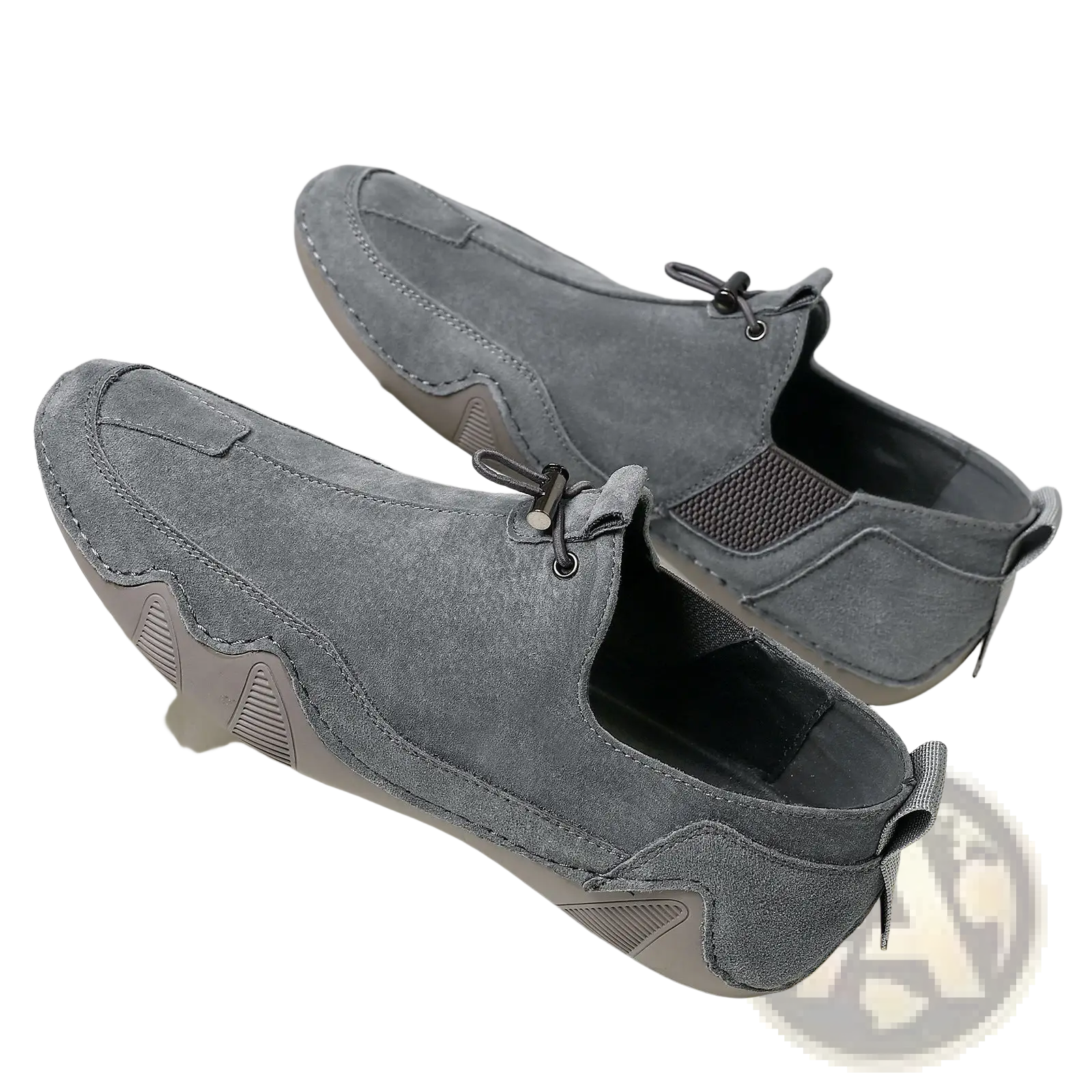 Gray breathable suede slip-on casual leather loafers with black laces and textured rubber soles for comfortable wear