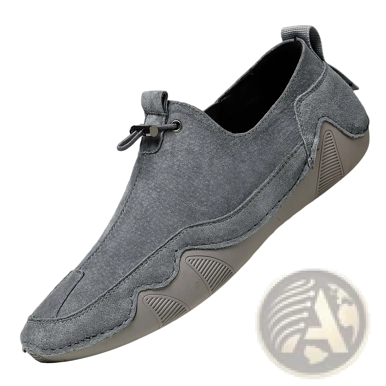 Gray leather loafers breathable suede slip-on casual shoe with textured rubber sole and heel pull tab shown from back side