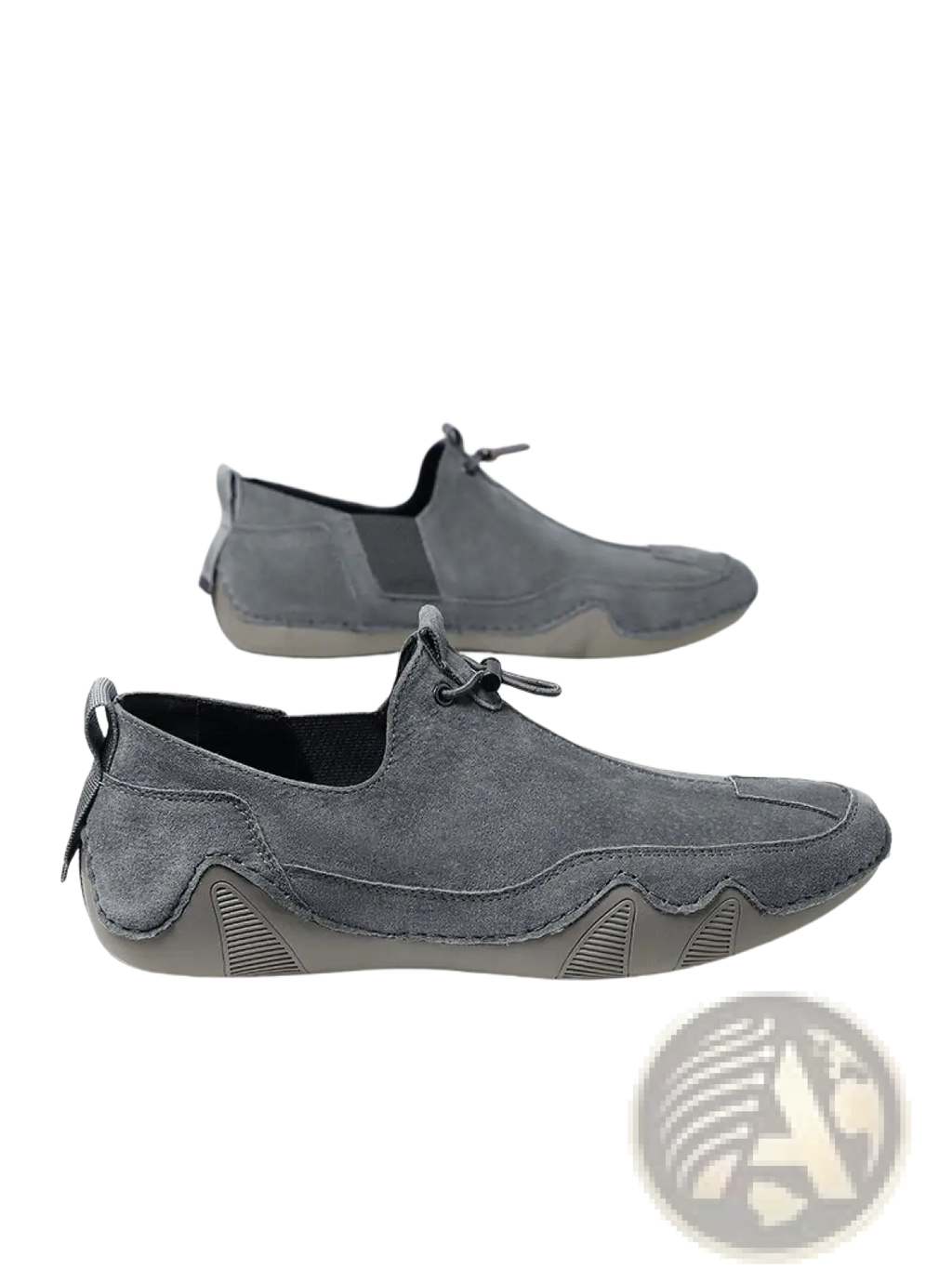 Gray breathable suede slip-on leather loafers with textured rubber sole and subtle stitching for casual wear
