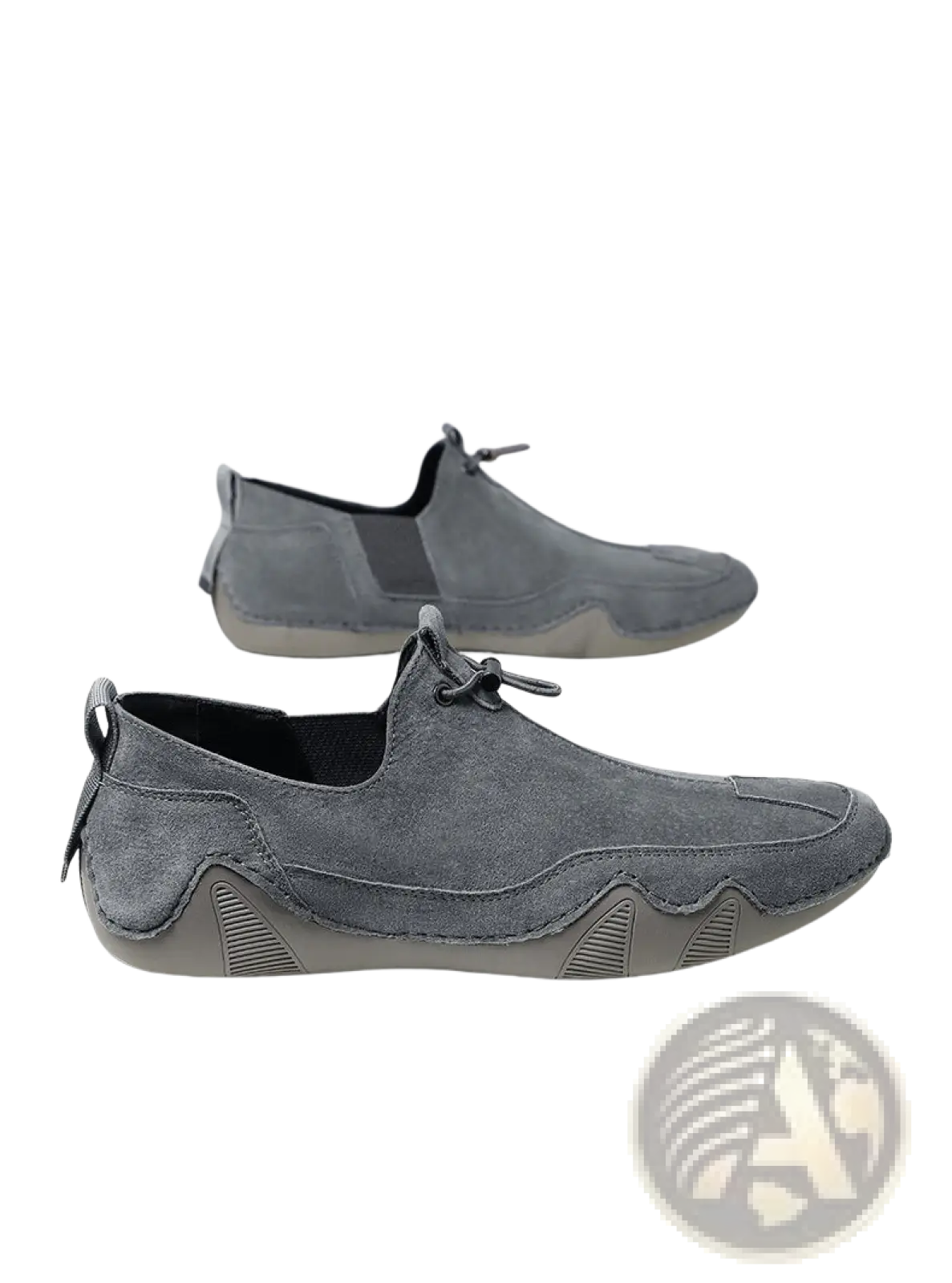 Gray breathable suede slip-on leather loafers with textured rubber sole and subtle stitching for casual wear