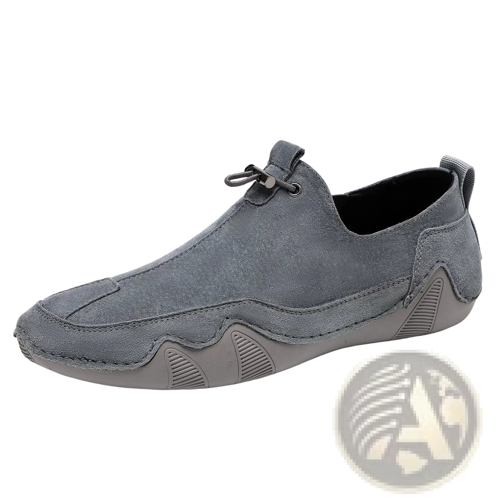 Gray suede slip-on leather loafers with breathable material, textured rubber sole, and reinforced stitching for casual wear