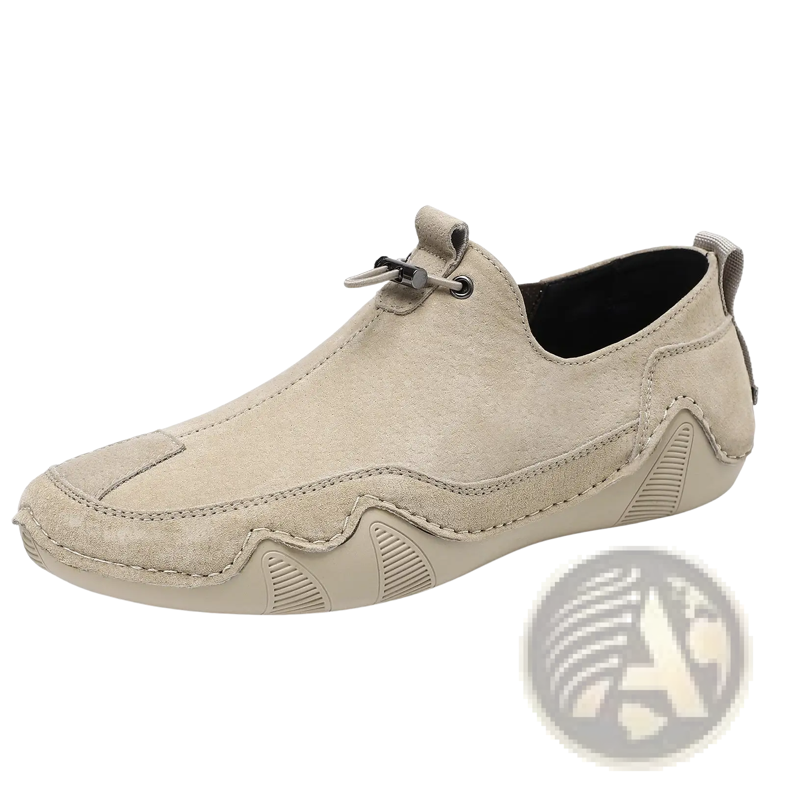 Beige leather loafers breathable suede slip-on casual shoes showing back side with textured rubber sole and heel pull tab