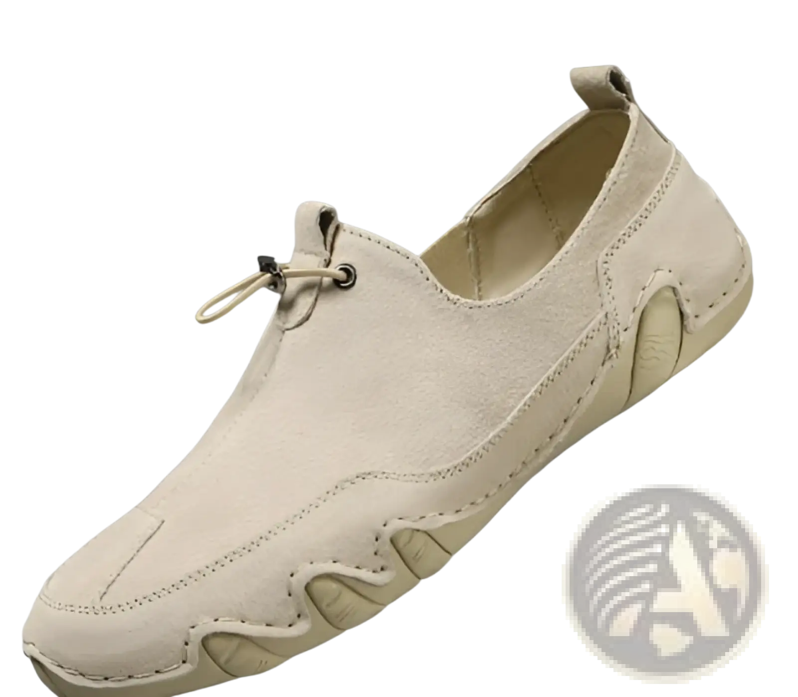 Beige breathable suede leather loafers slip on casual shoes with matching laces and textured wavy rubber sole