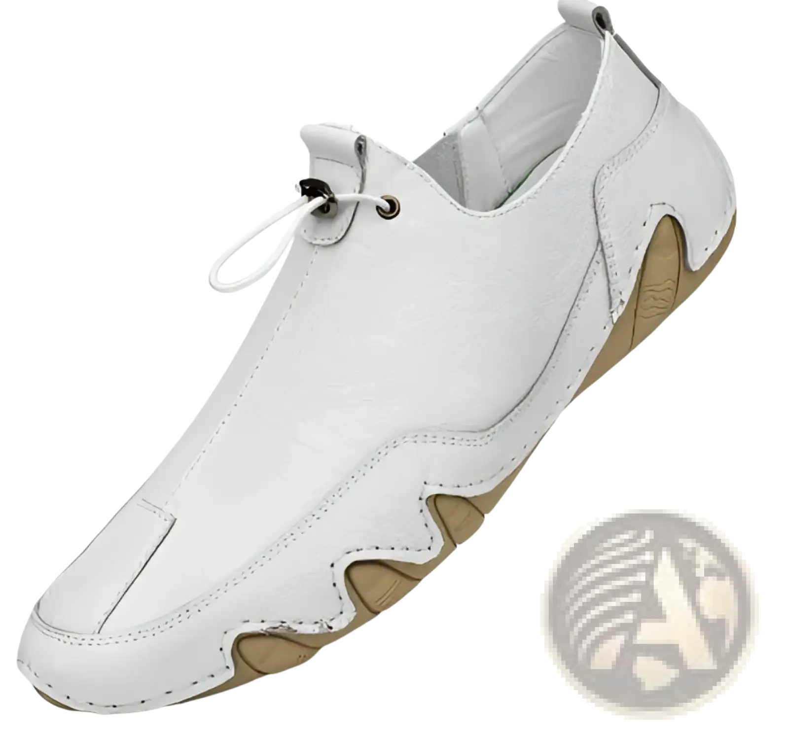 White leather breathable suede slip-on casual loafer shoe with tan wavy sole and black laces