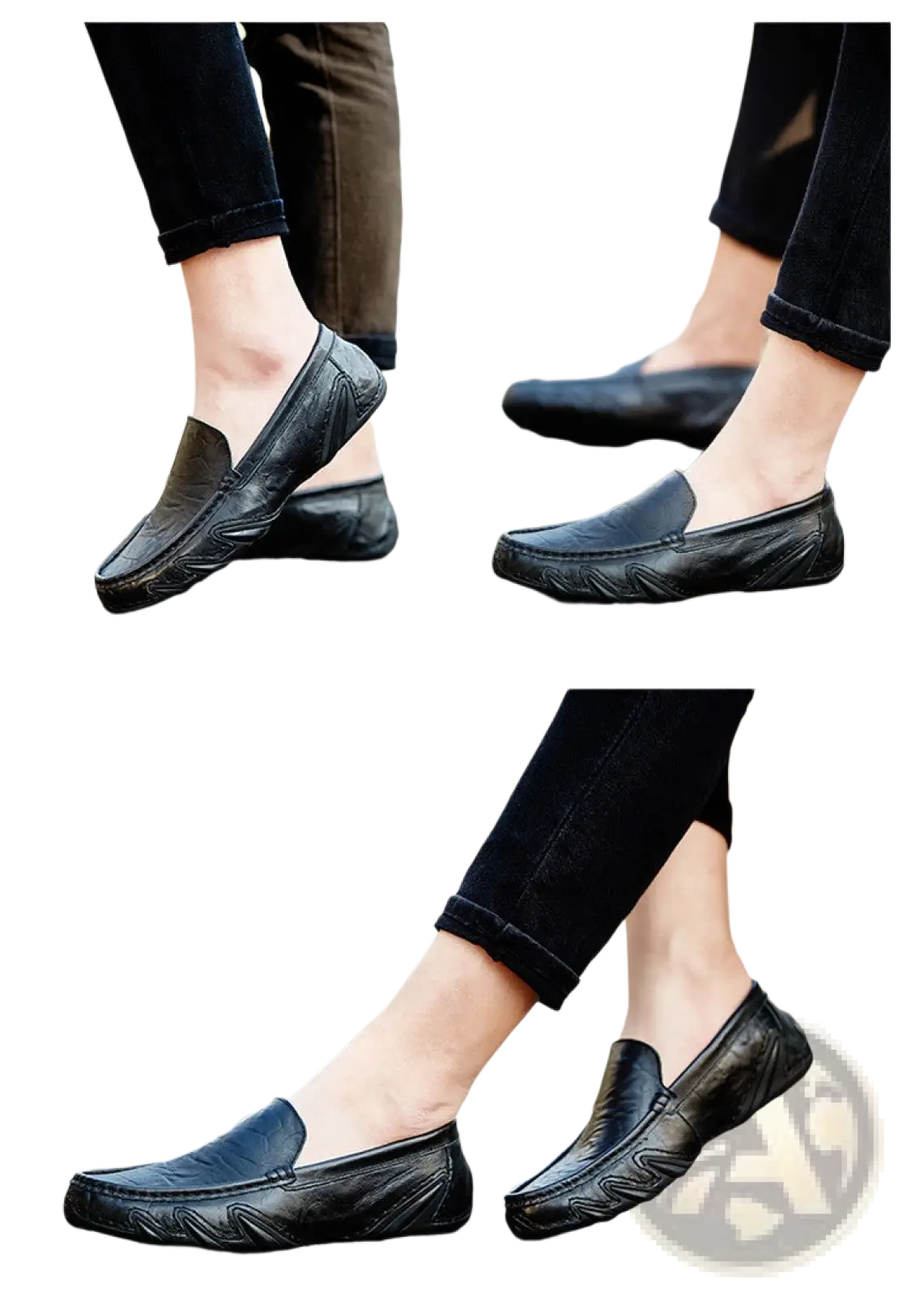 Black leather loafers for men with a textured worn finish and subtle stitching in retro British style design