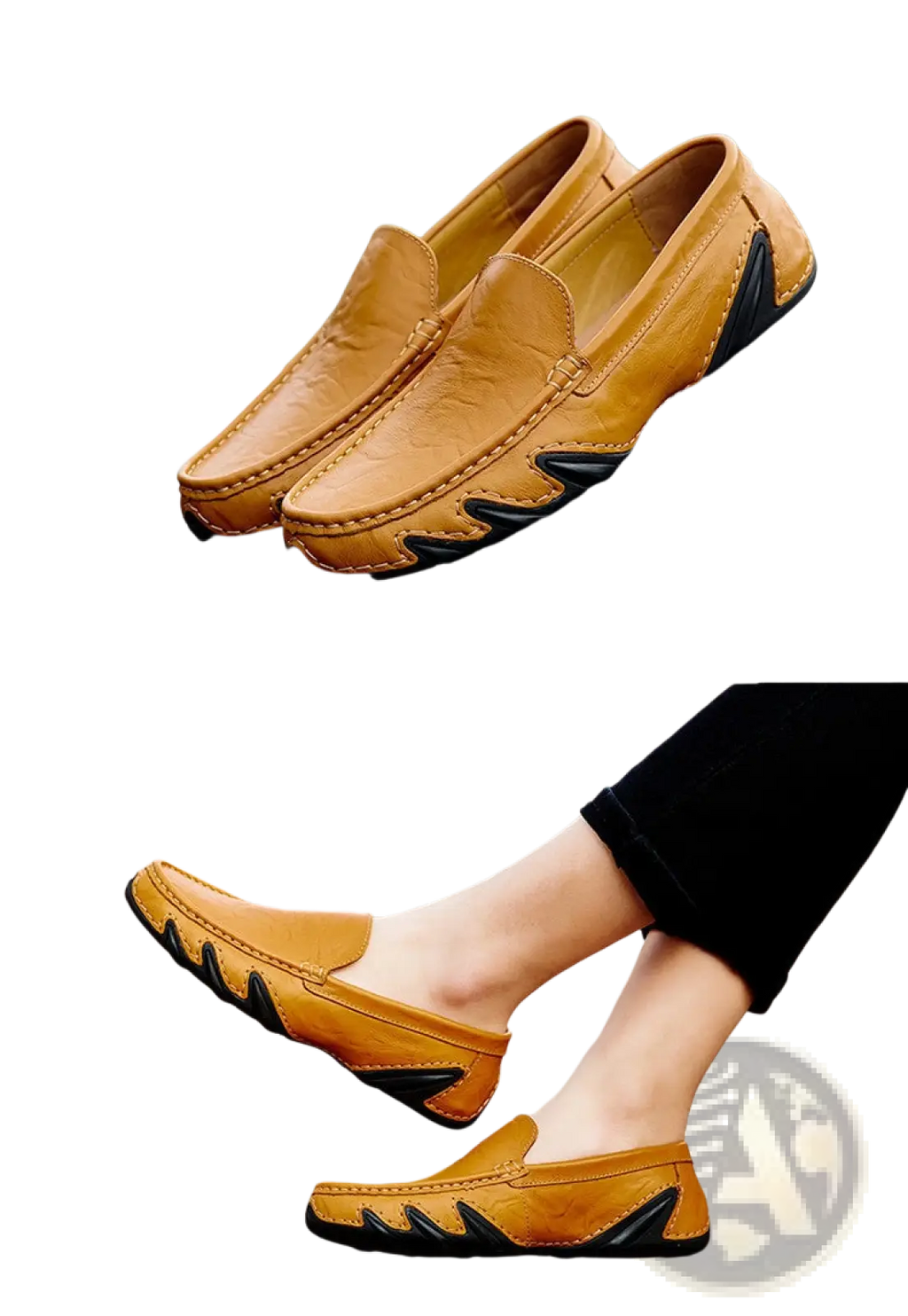 Tan leather loafers for men with black rubber sole and side accents in retro british style shoes