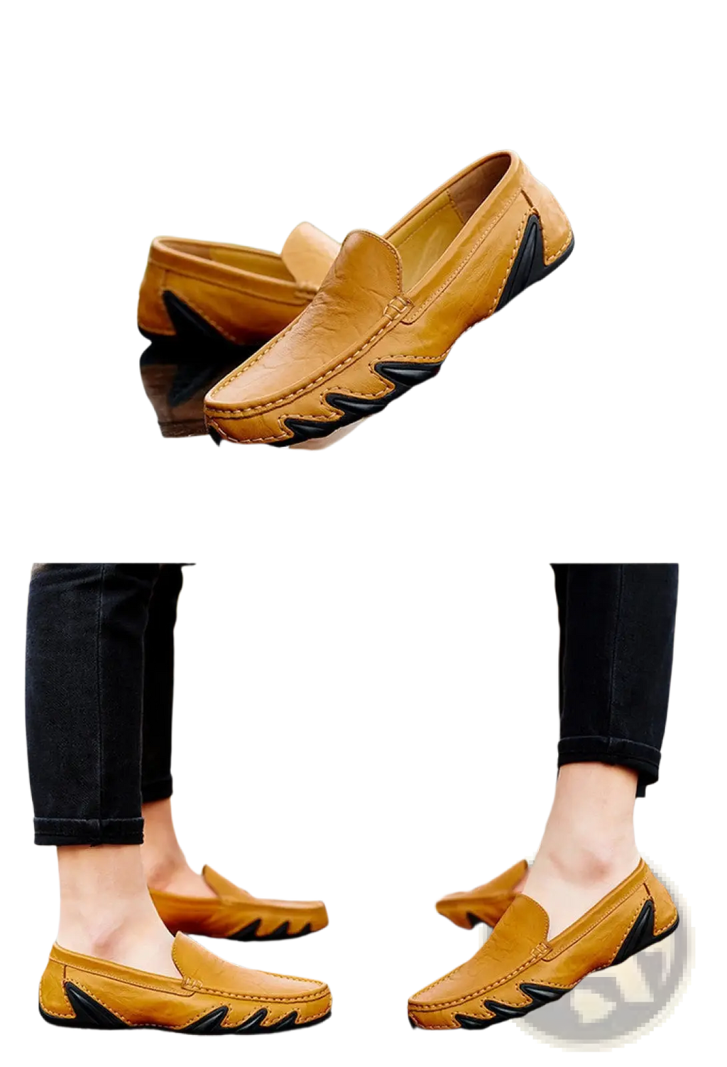 Tan leather loafers for men with black rubber accents on sides and heel in retro British style design