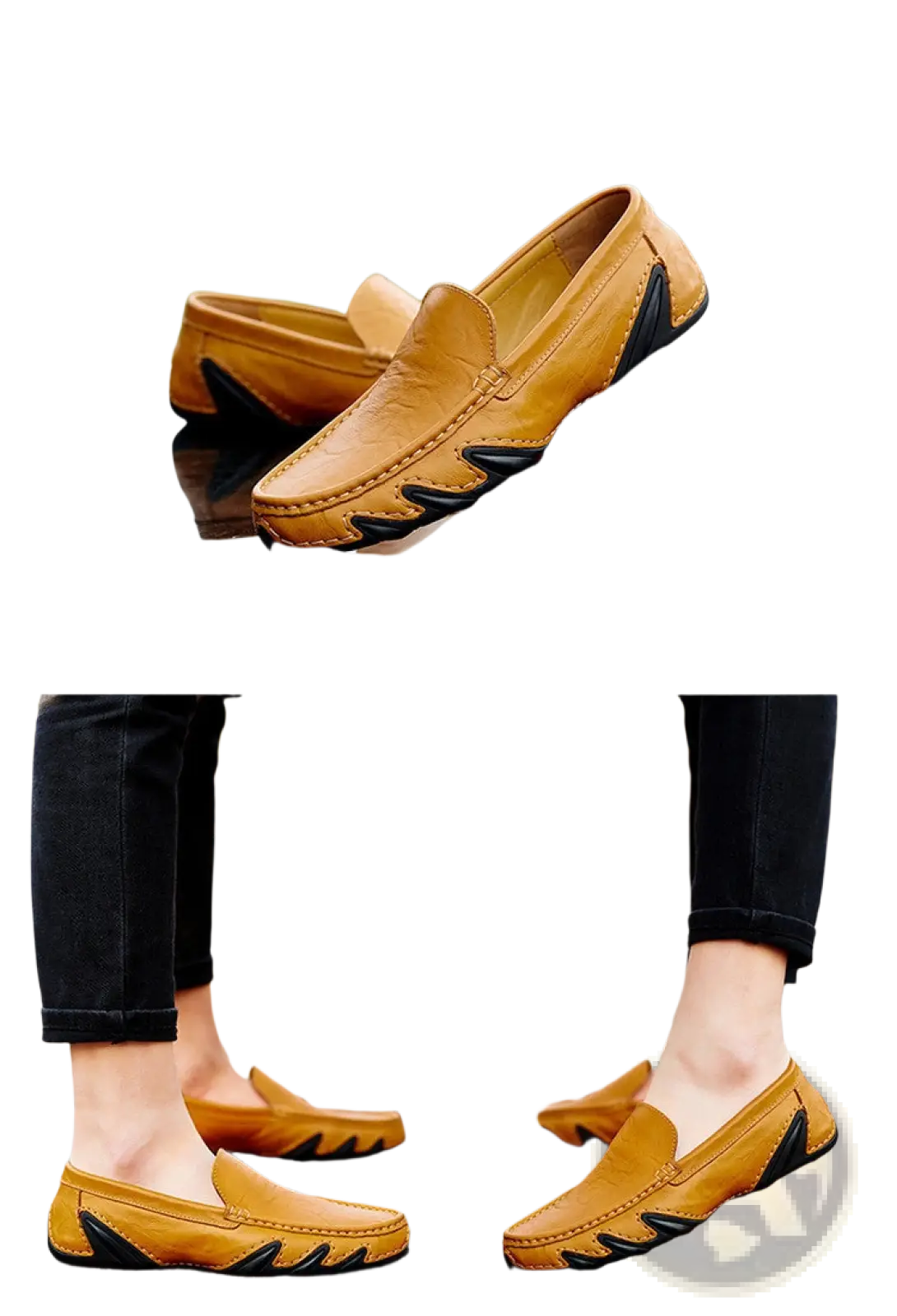 Tan leather loafers for men with black rubber accents on sides and heel in retro British style design