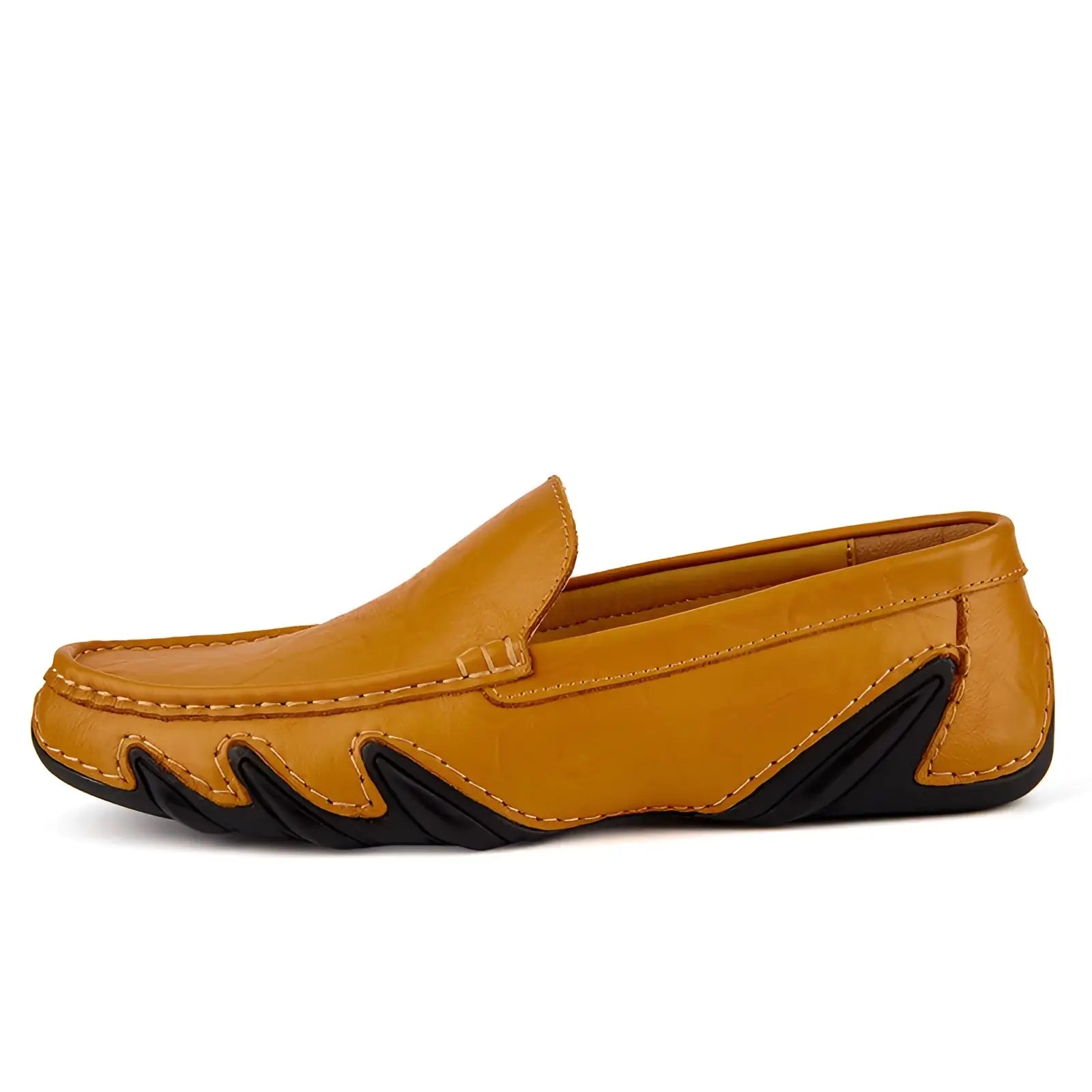 Leather loafers for men in tan leather with black rubber sole and distinctive wavy stitching retro british style shoes