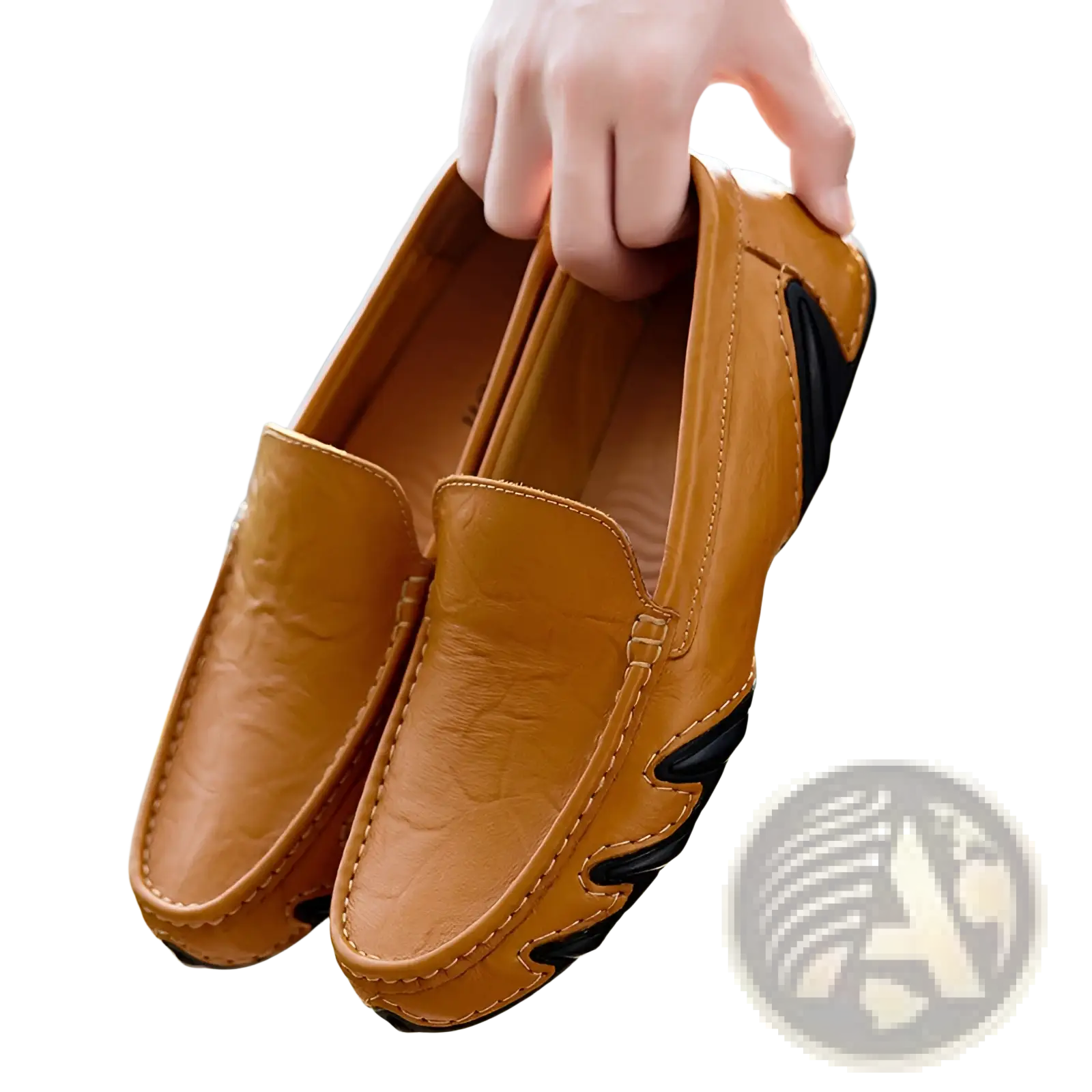 Tan leather loafers for men with black zigzag accents in retro British style shoes