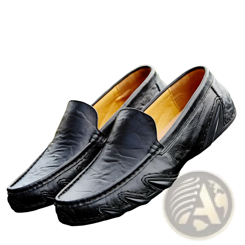 Black leather loafers for men with textured worn finish and contrasting orange lining in retro british style shoes