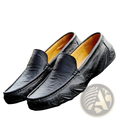 Black leather loafers for men with textured worn finish and contrasting orange lining in retro british style shoes