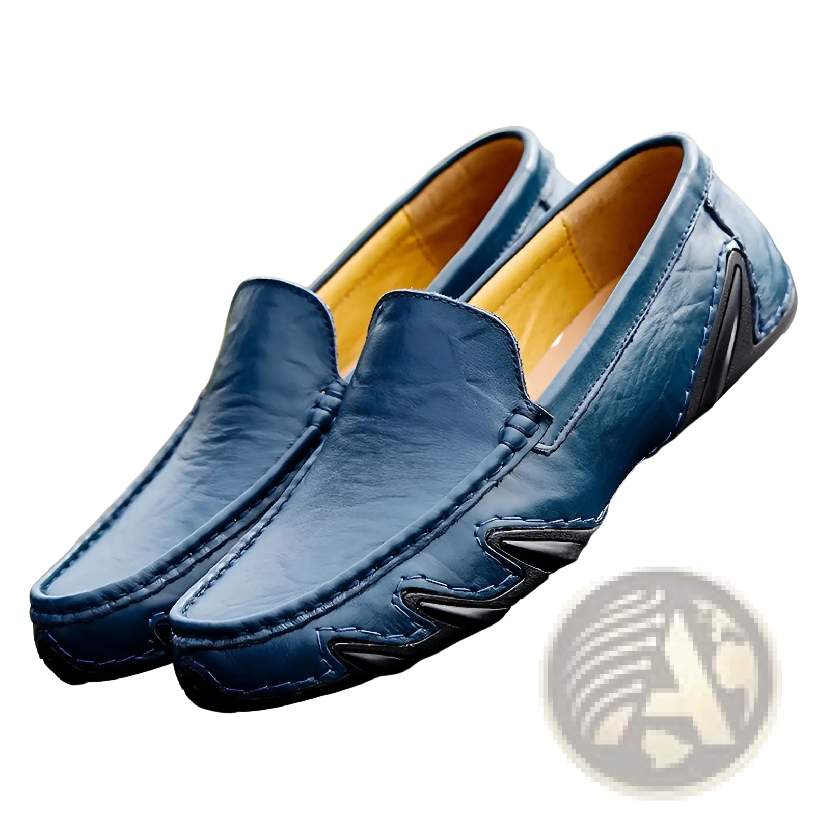Blue leather loafers for men with black stitched accents and tan interior lining in retro british style design
