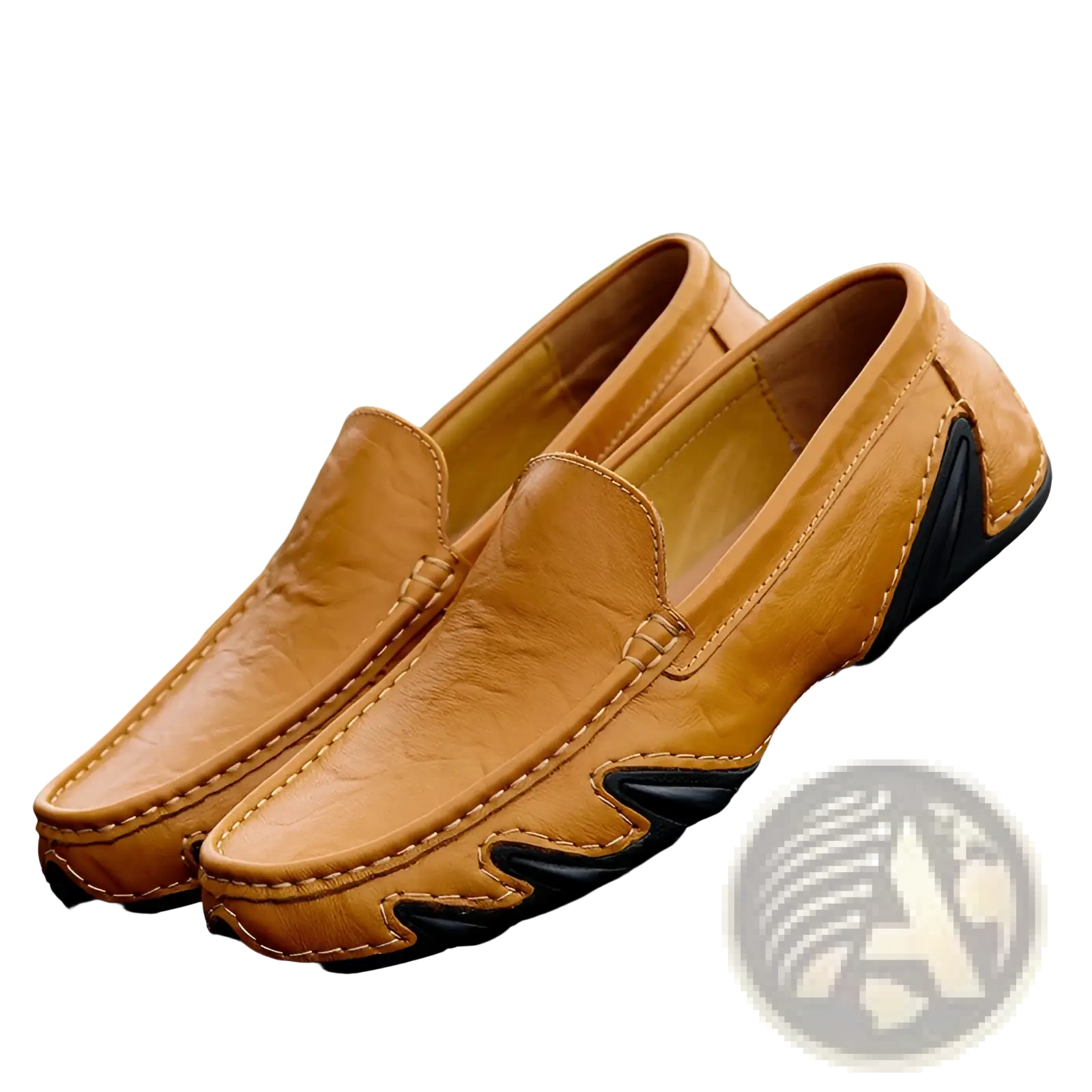 Tan leather loafers for men with black rubber accents on sides and soles in retro british style shoes