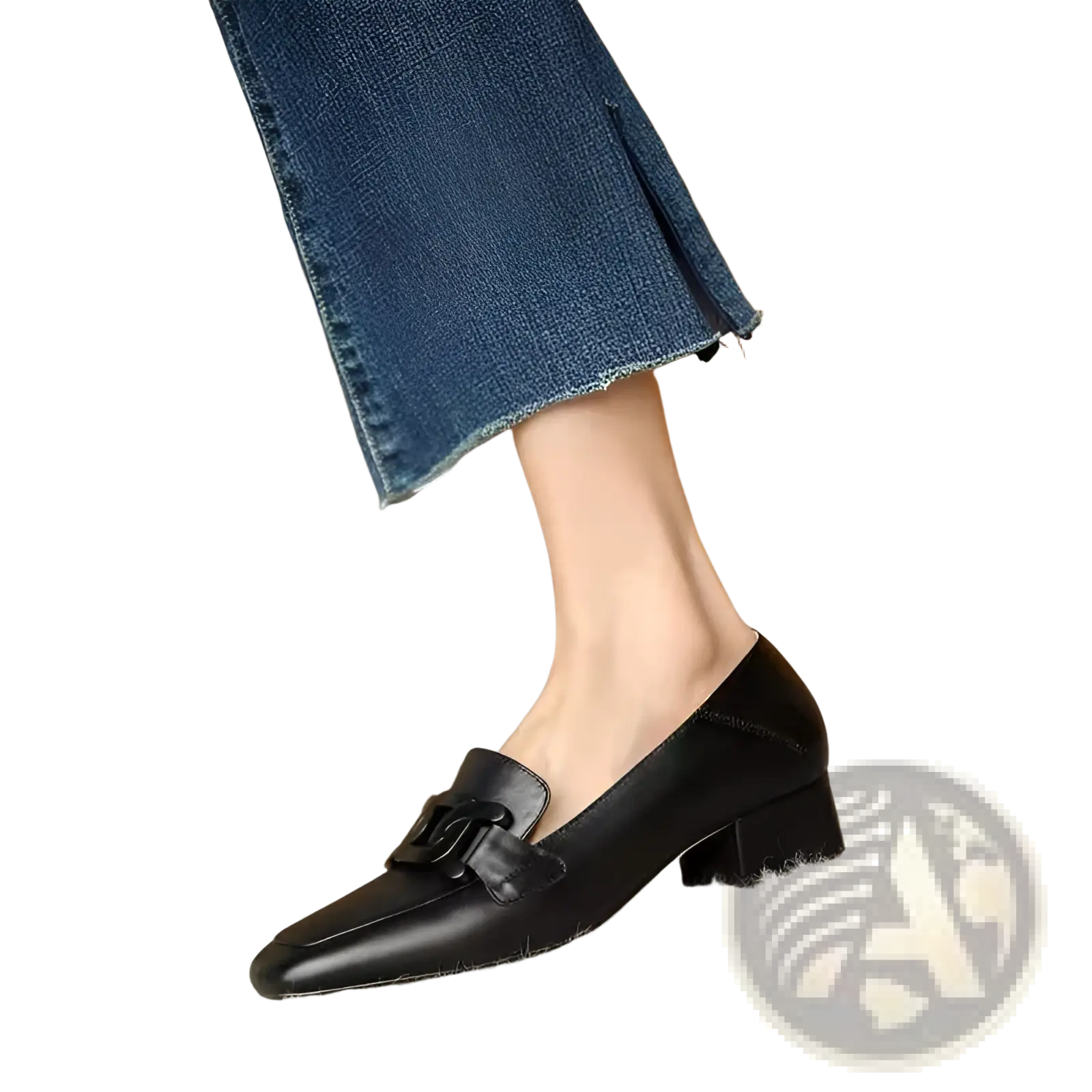 Black leather loafers with metal buckle square toe and small block heel for stylish formal wear